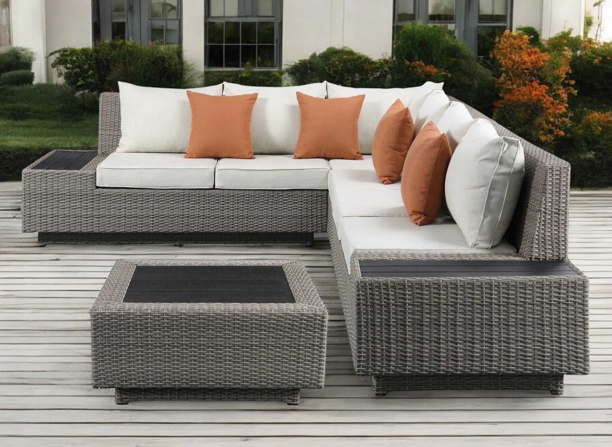Beige Polyester Modular L Shaped Four Piece Standard With Console And Toss Pillows Homeroots Outdoor