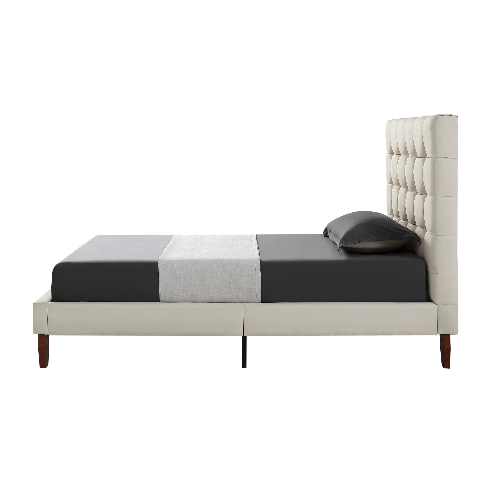 Beige Solid Wood Full Tufted Upholstered Linen Bed Homeroots Bed & Bath