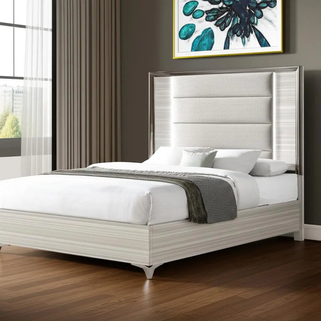 Beige White And Chrome Wood Upholstered Lighted King Bed Frame - GreatEagleInc