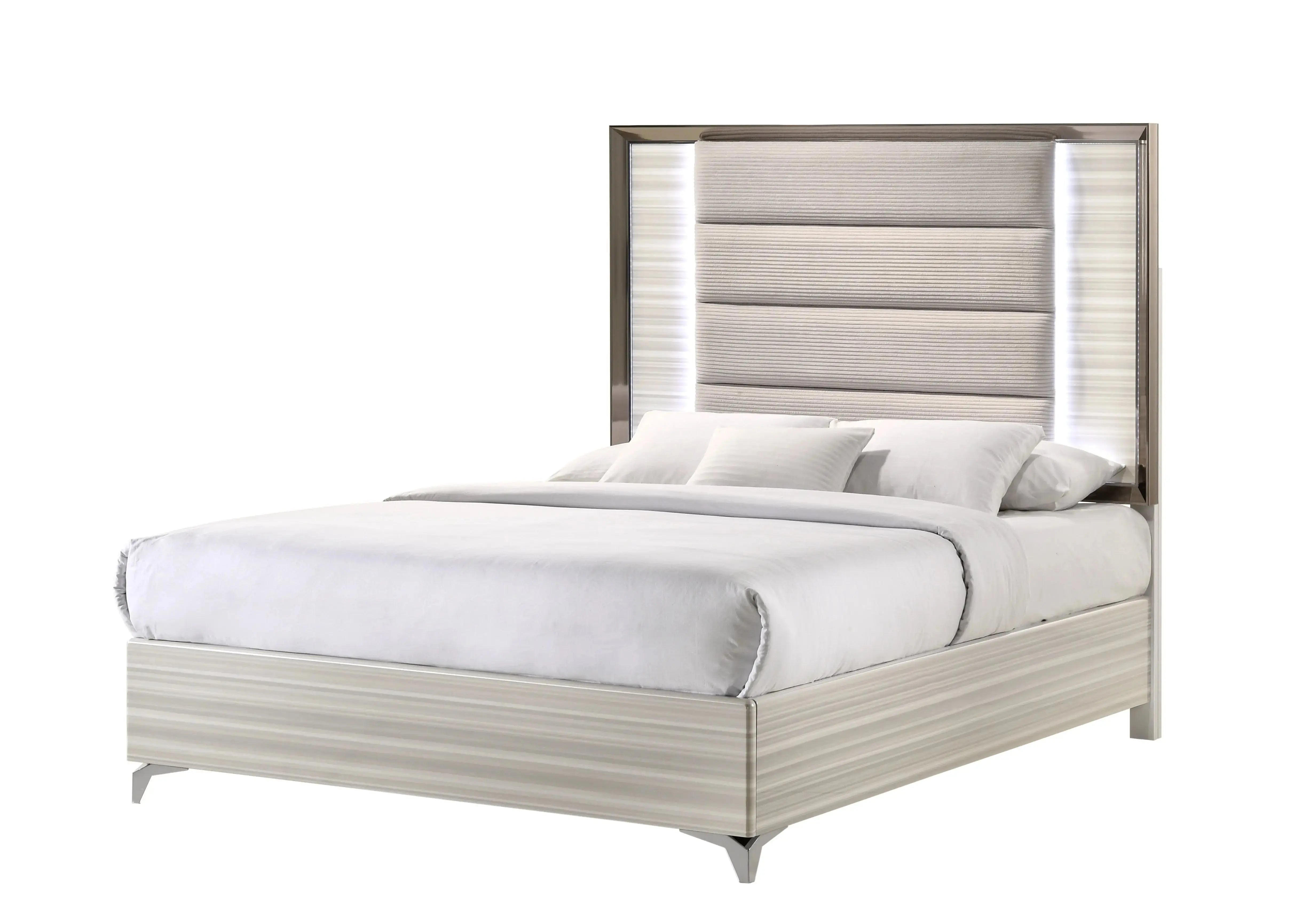 Beige White And Chrome Wood Upholstered Lighted King Bed Frame Homeroots Bed & Bath