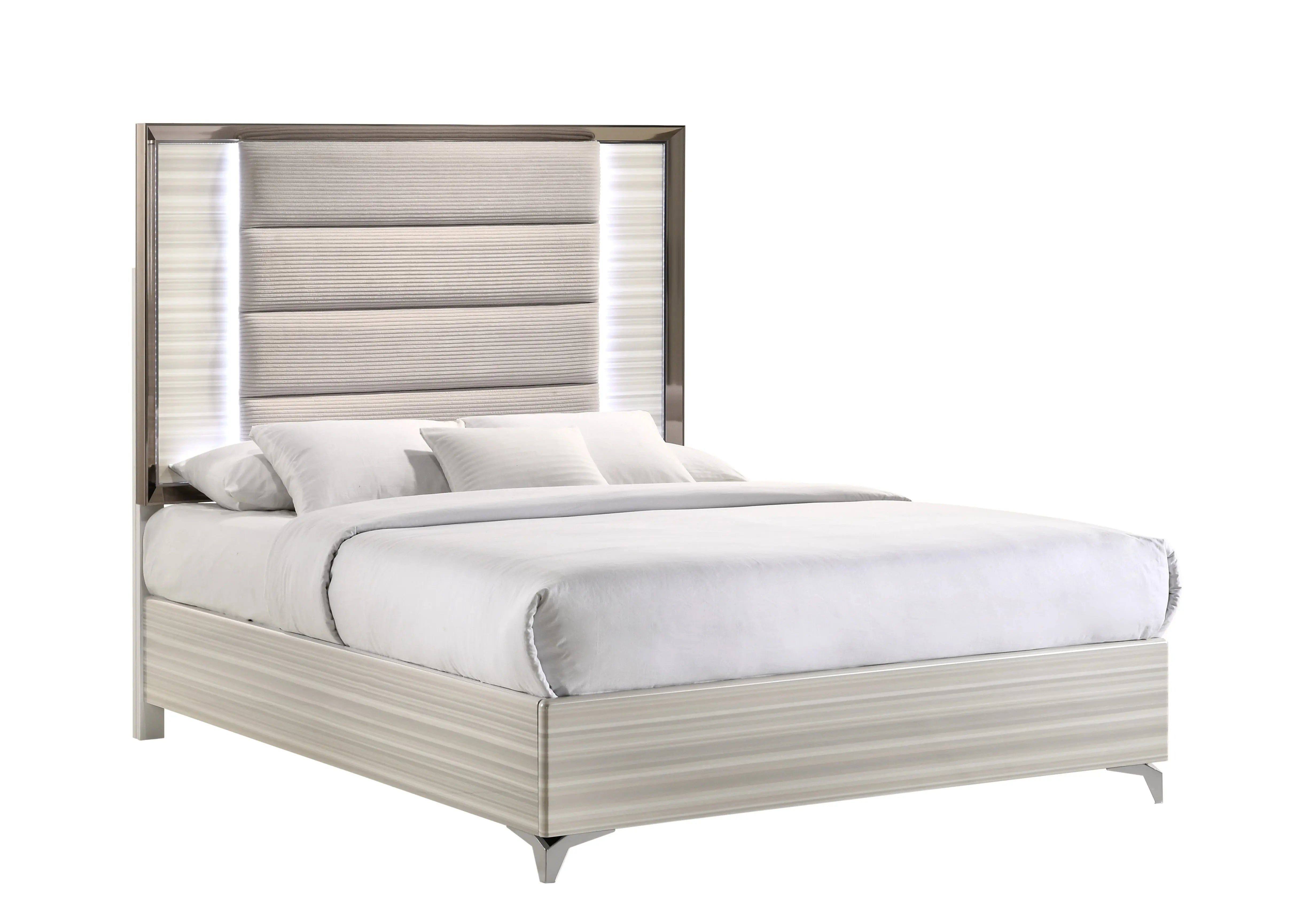 Beige White And Chrome Wood Upholstered Lighted King Bed Frame Homeroots Bed & Bath