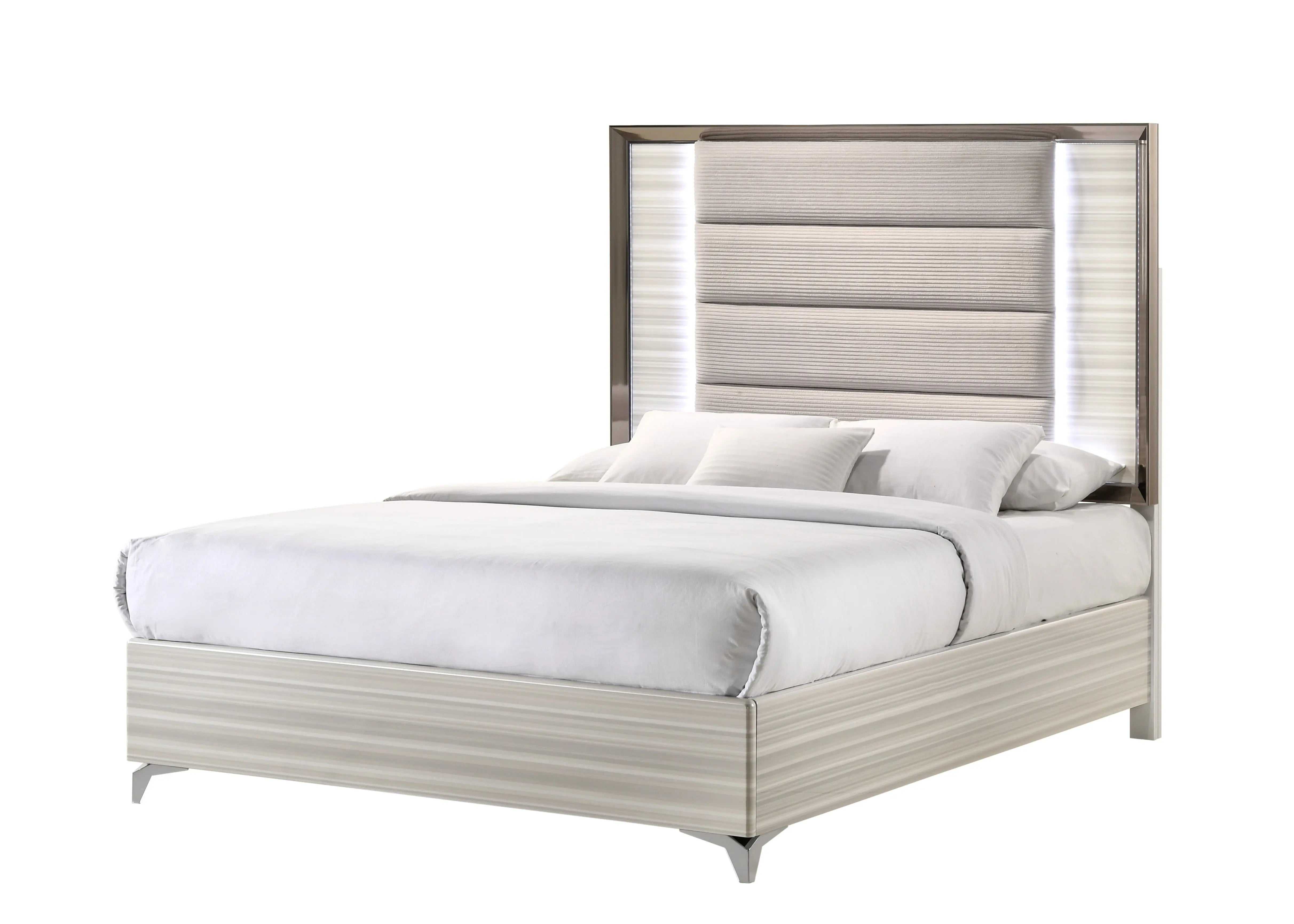 Beige White And Chrome Wood Upholstered Lighted King Bed Frame Homeroots Bed & Bath