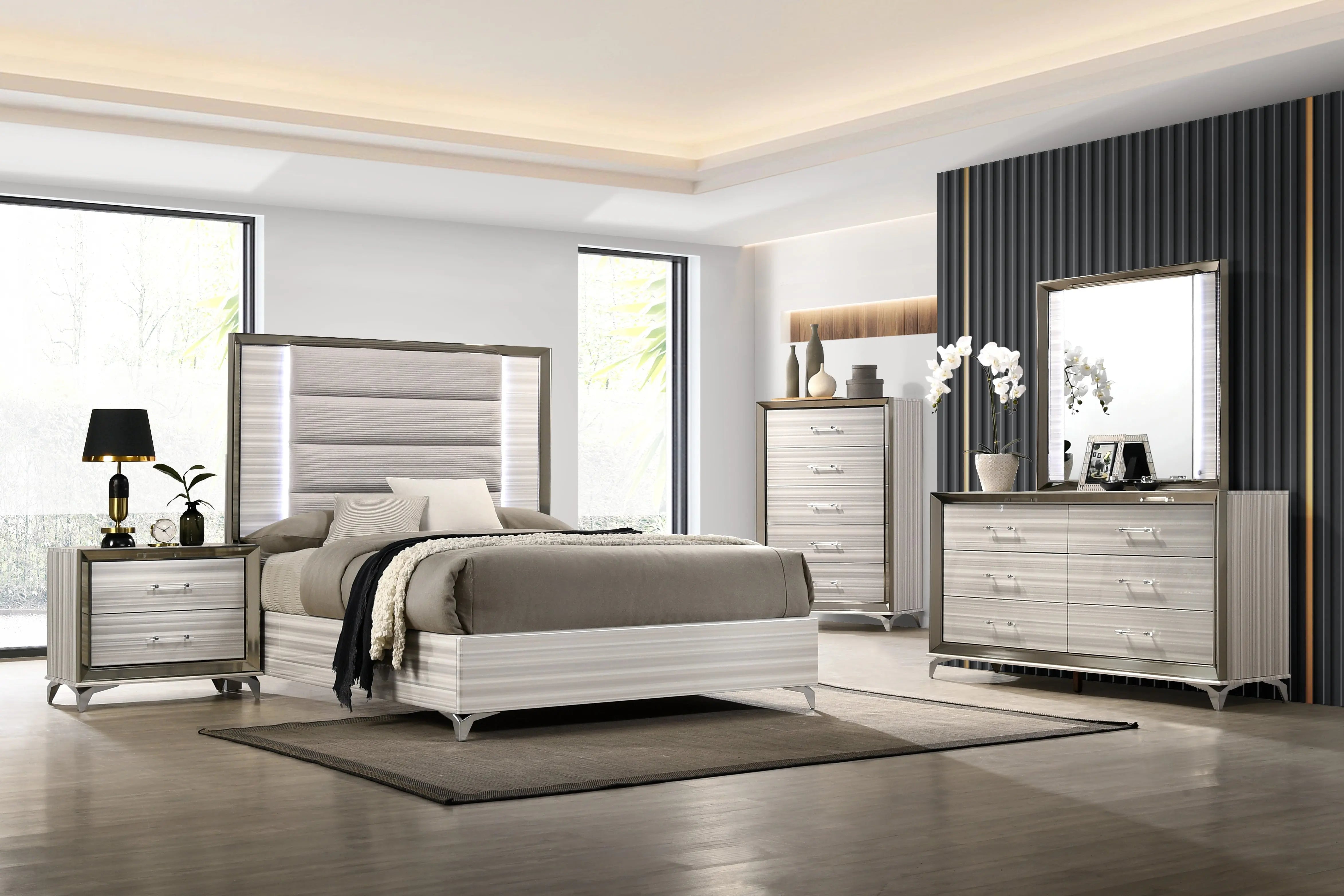 Beige White And Chrome Wood Upholstered Lighted King Bed Frame Homeroots Bed & Bath
