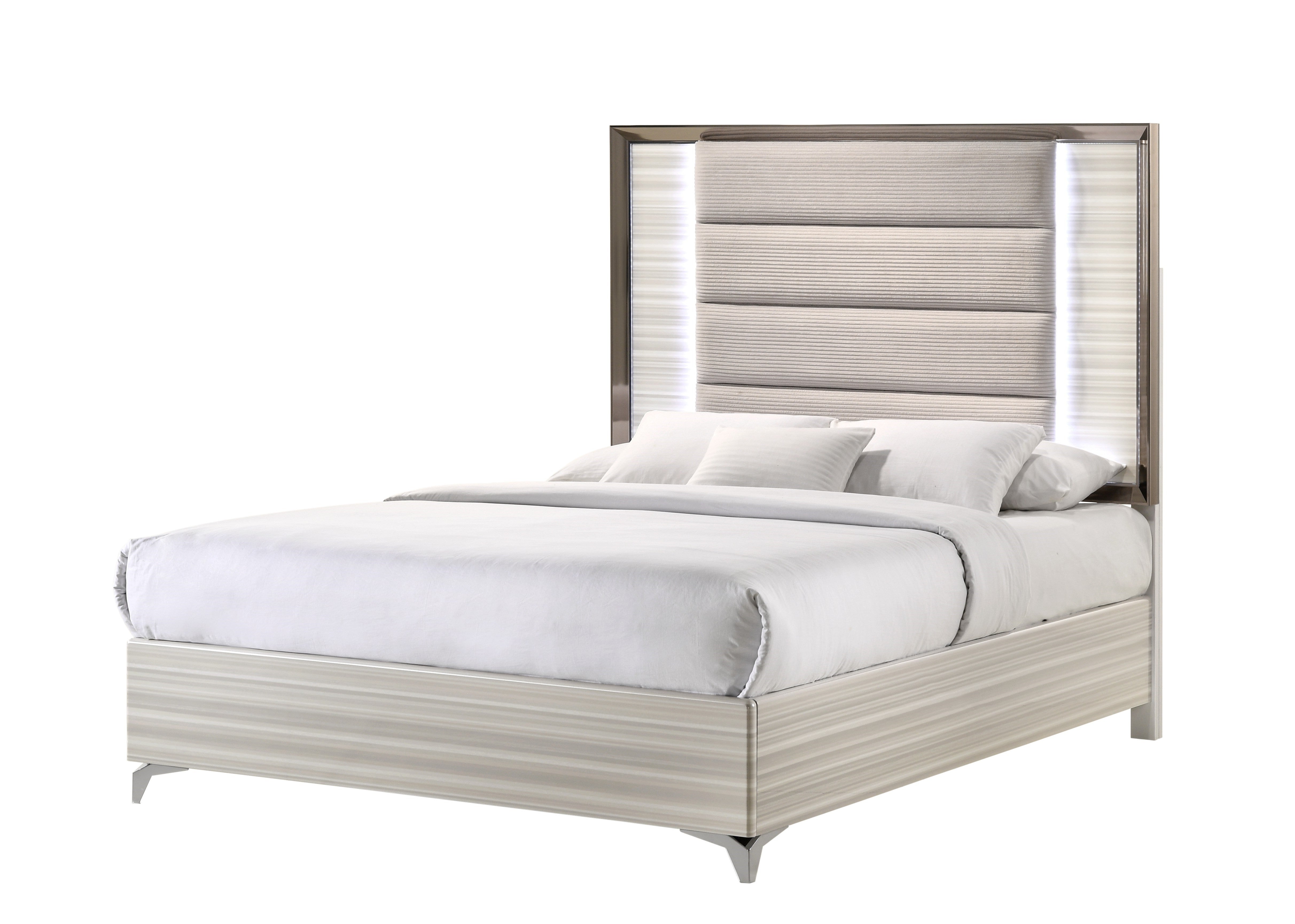 Beige White And Chrome Wood Upholstered Lighted King Bed Frame Homeroots Bed & Bath