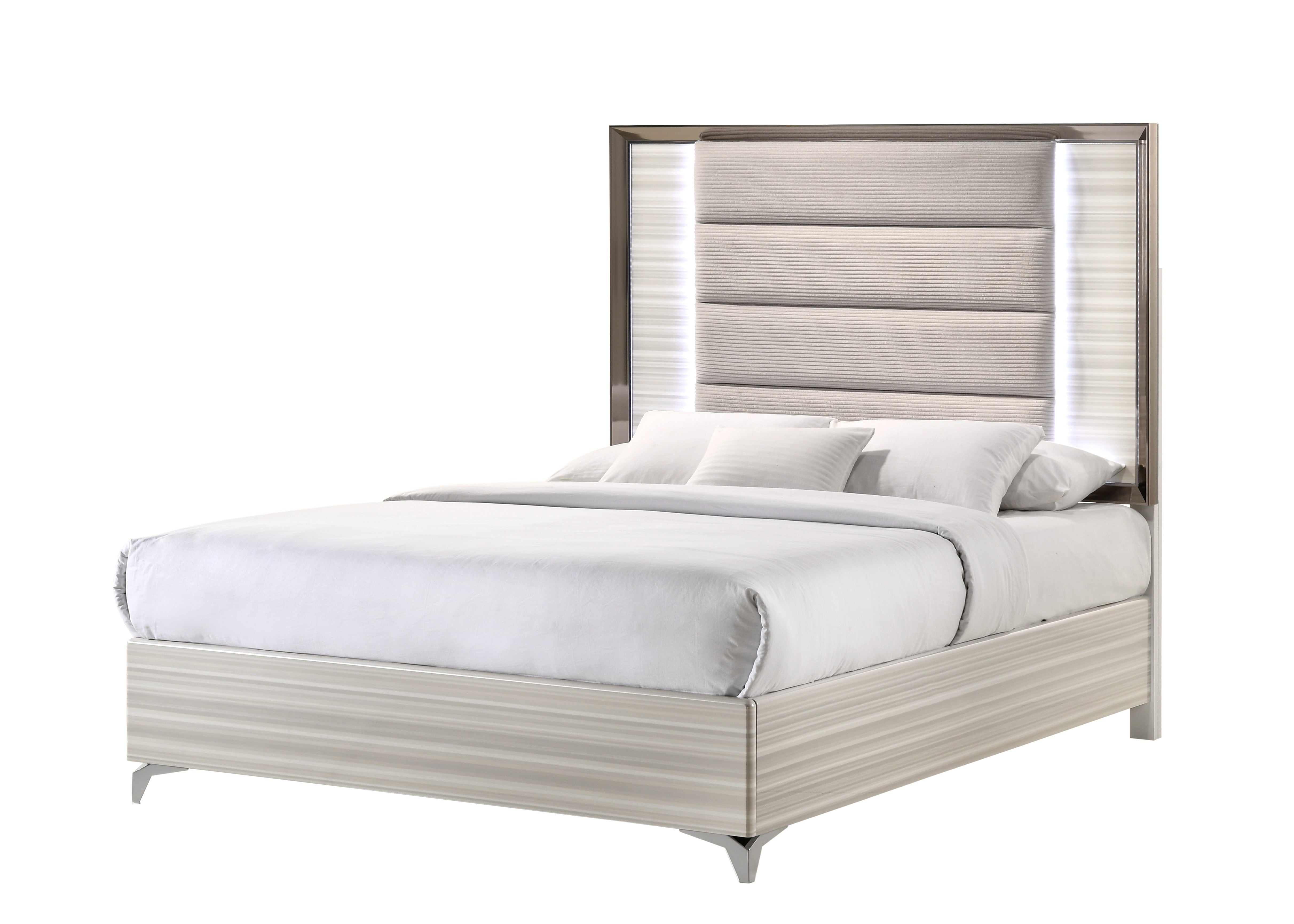 Beige White And Chrome Wood Upholstered Lighted King Bed Frame Homeroots Bed & Bath