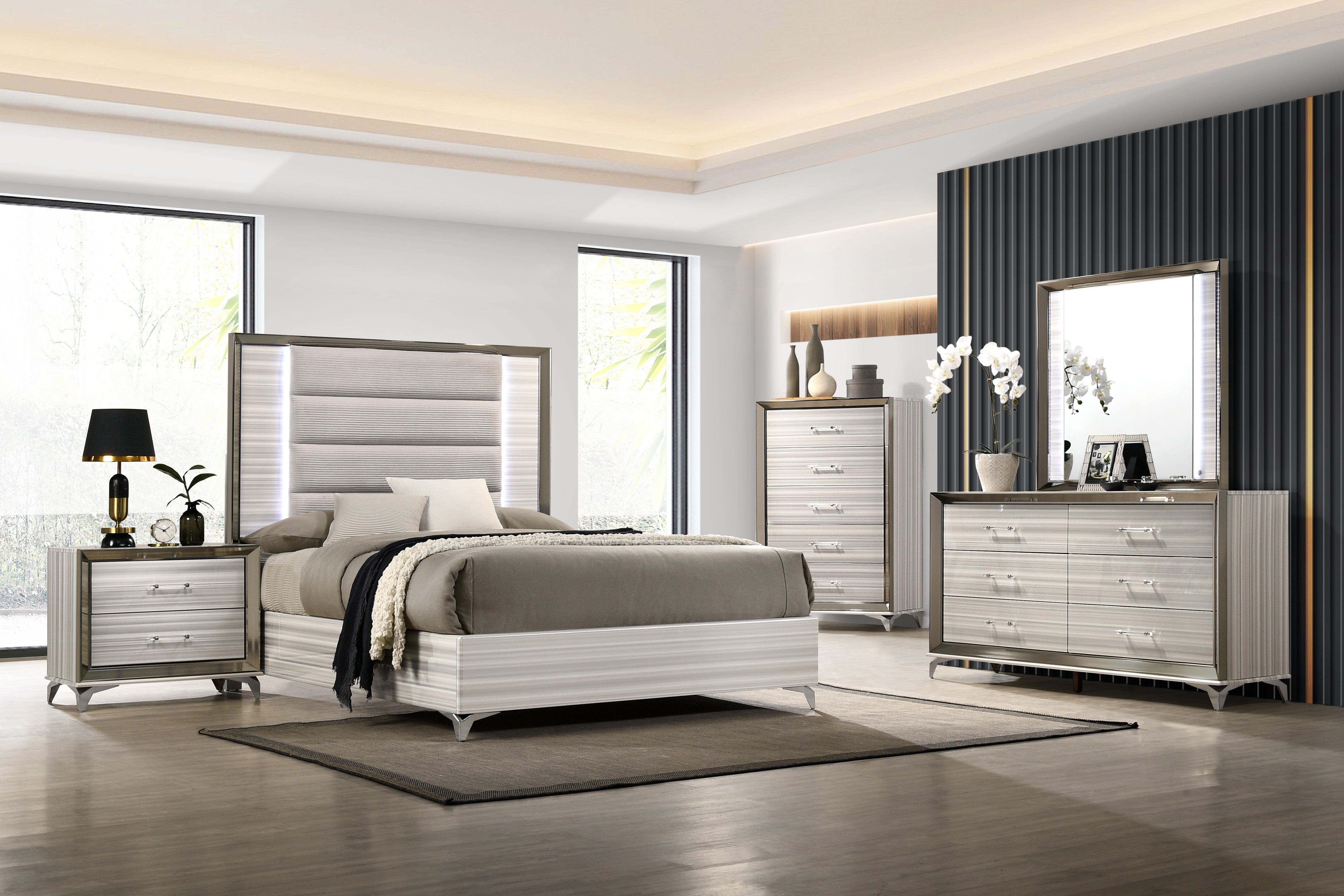 Beige White And Chrome Wood Upholstered Lighted King Bed Frame Homeroots Bed & Bath