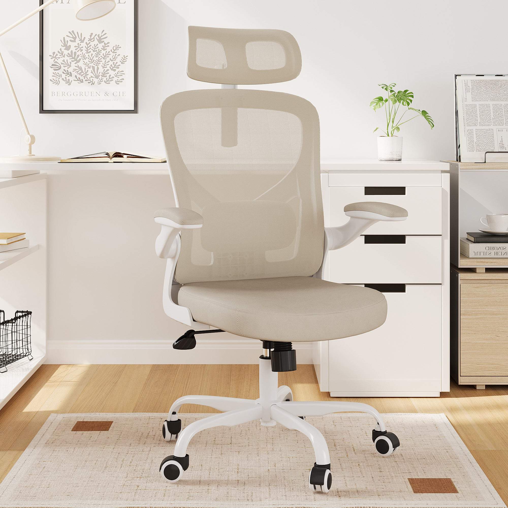 Beige White and Black Adjustable Height Swivel Rolling Office Chair - GreatEagleInc