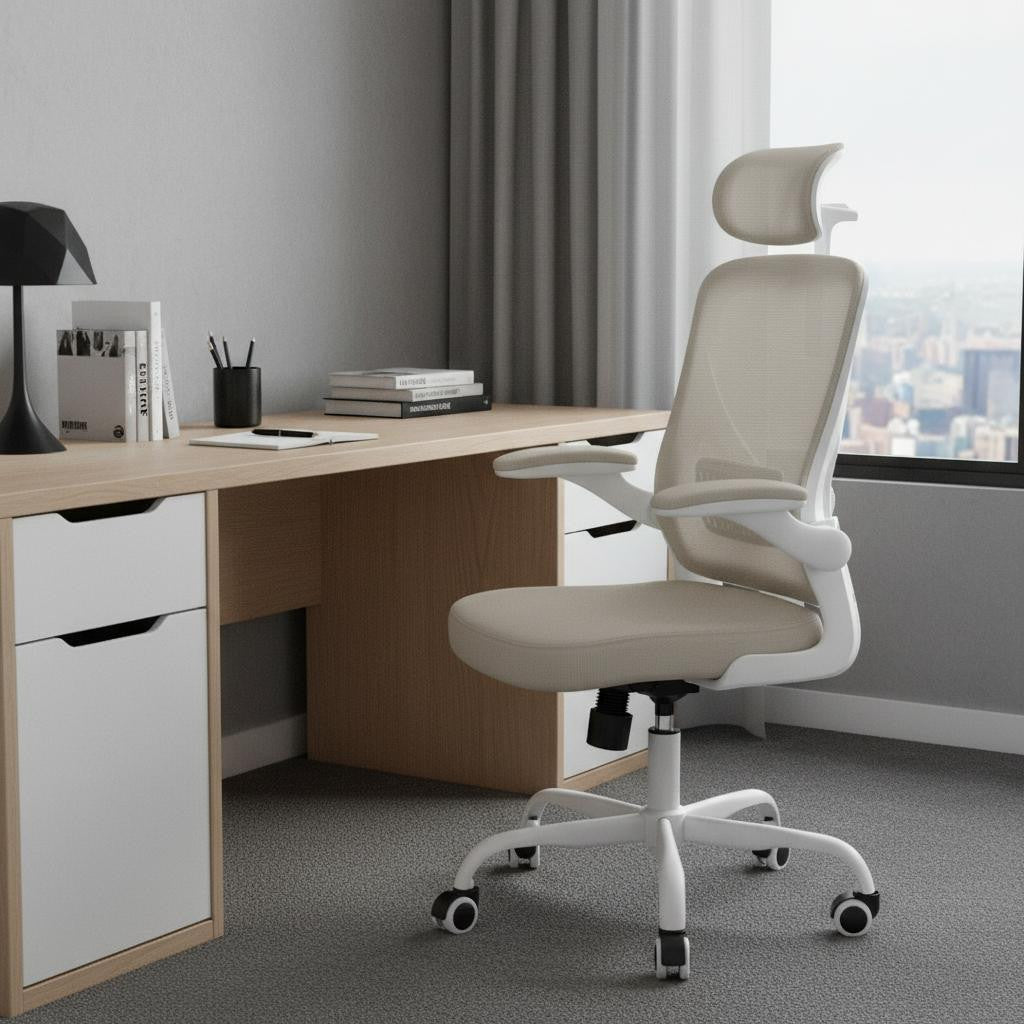 Beige White and Black Adjustable Height Swivel Rolling Office Chair - GreatEagleInc