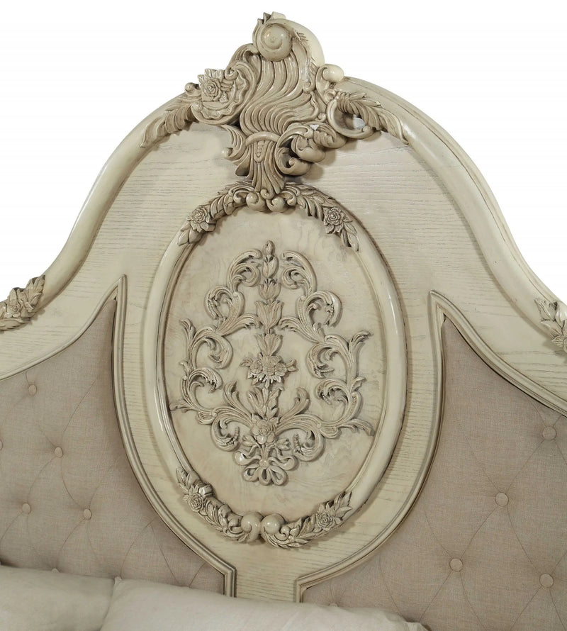Beige Wood And Tufted Linen Queen Bed Frame With Nailhead Trim Homeroots Bed & Bath