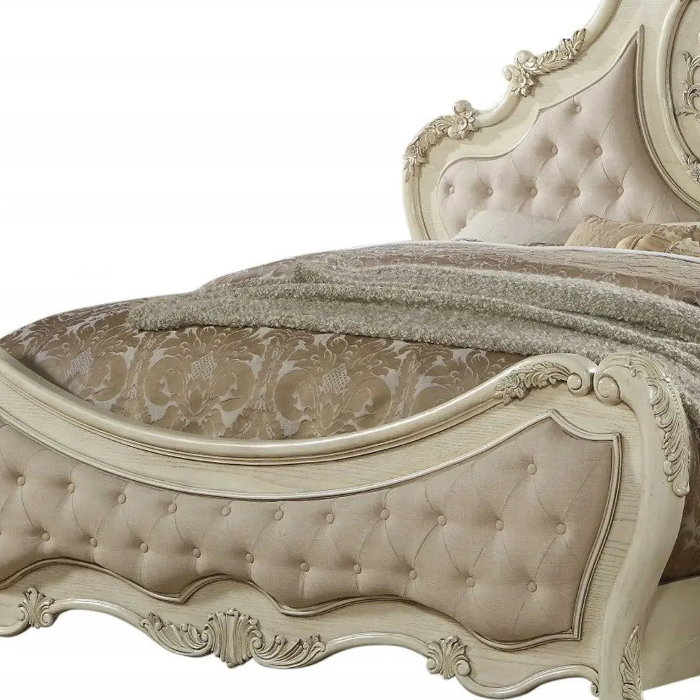 Beige Wood And Tufted Linen Queen Bed Frame With Nailhead Trim Homeroots Bed & Bath