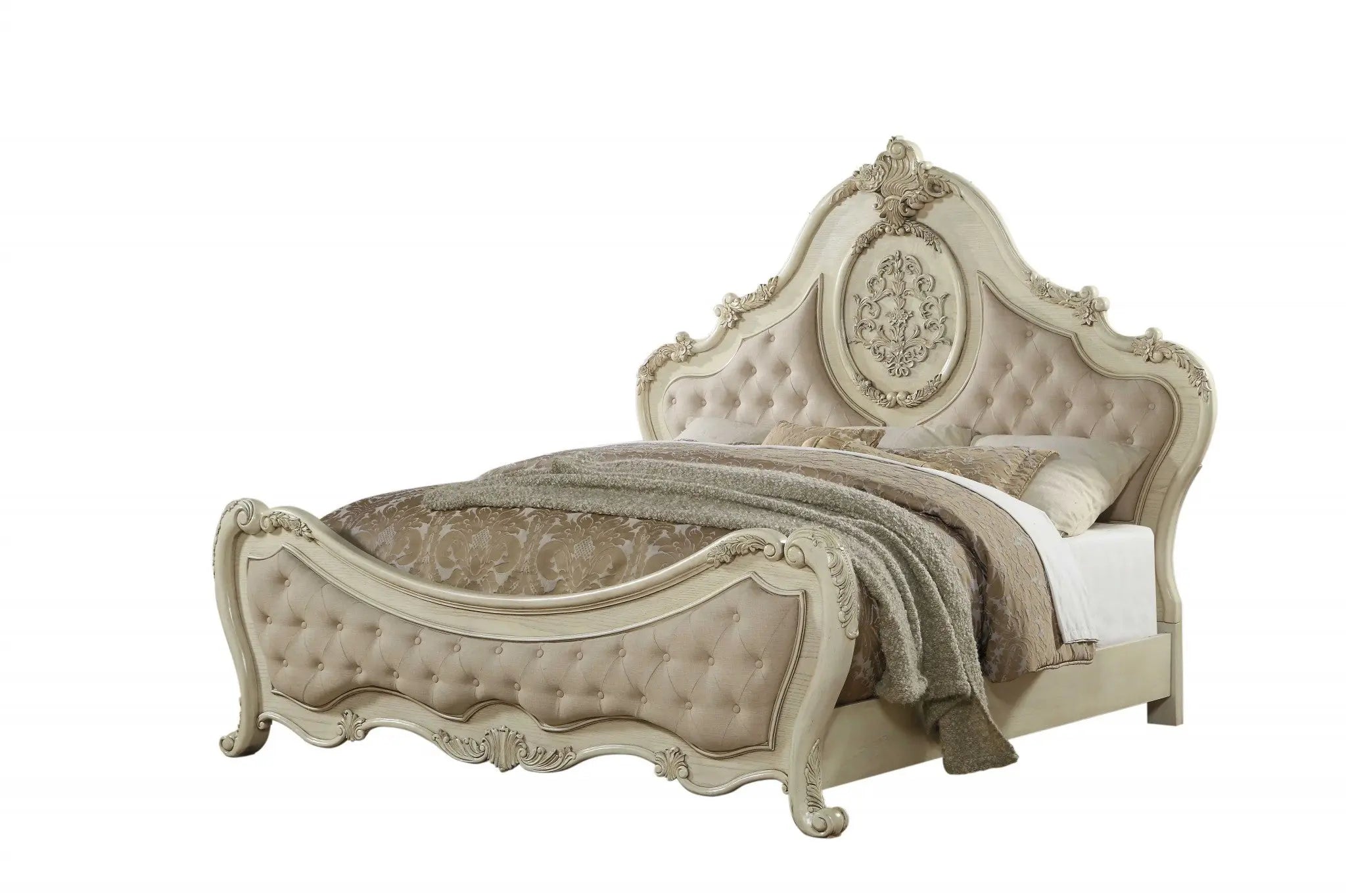 Beige Wood And Tufted Linen Queen Bed Frame With Nailhead Trim Homeroots Bed & Bath