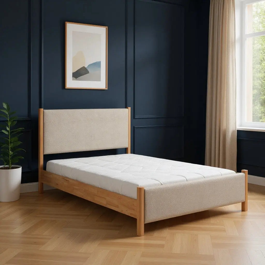 Beige Wood And Upholstery Queen Bed Frame Homeroots Bed & Bath