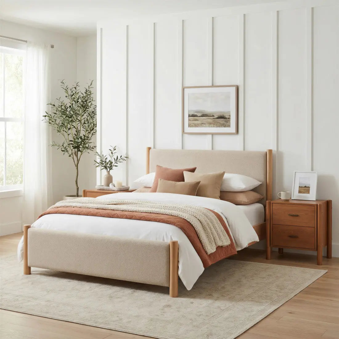 Beige Wood And Upholstery Queen Bed Frame Homeroots Bed & Bath
