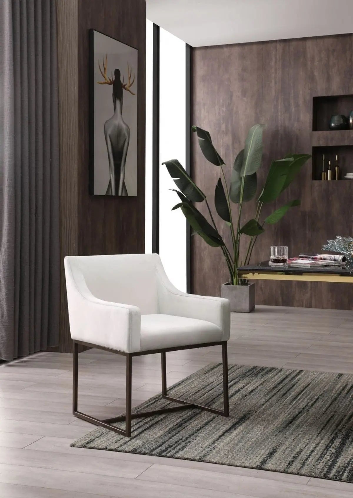 Beige and Antiqued Brass Upholstered Fabric Dining Arm Chair Homeroots Kitchen & Dining