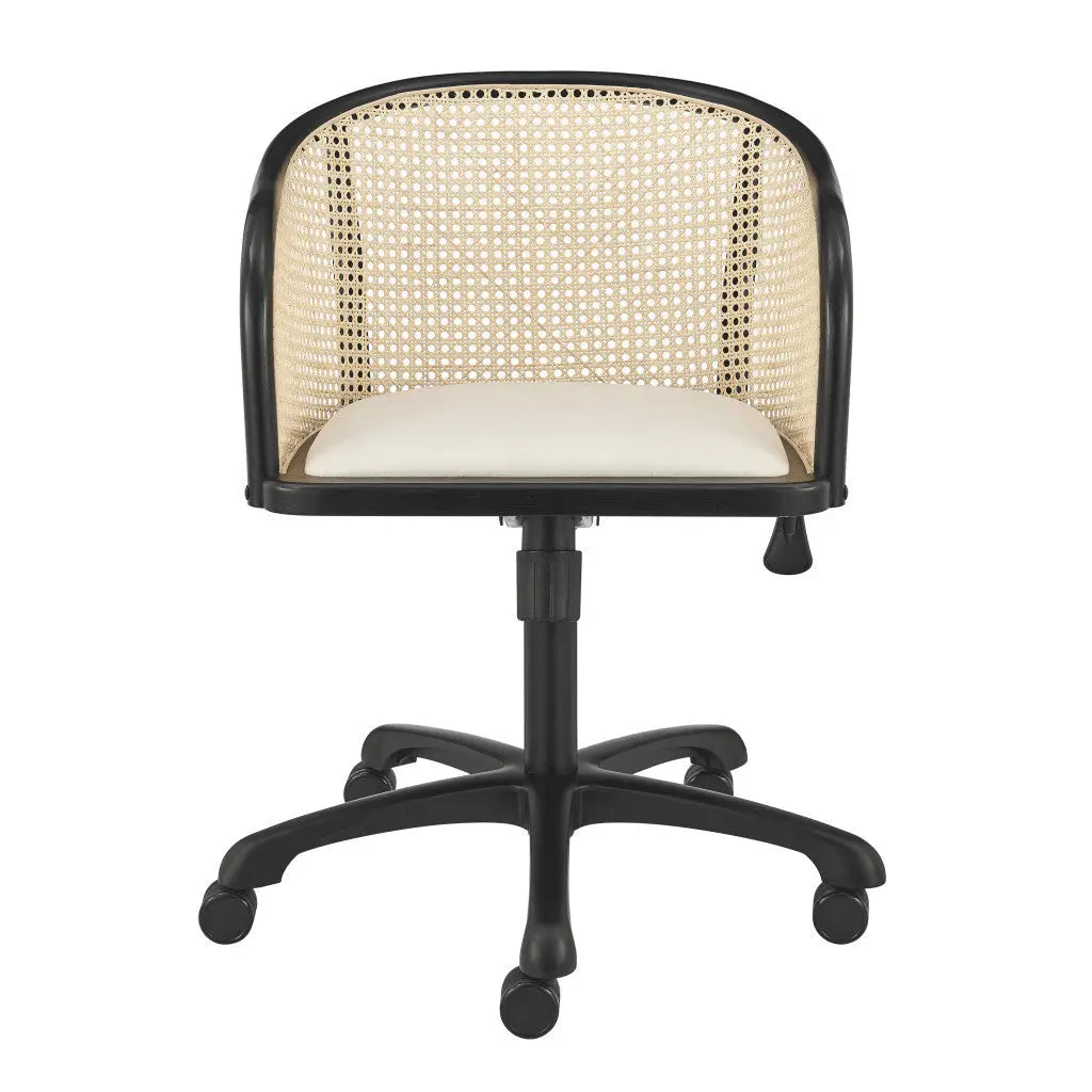 Beige and Black Solid Wood Steel And Cane Rattan Adjustable Swivel Rolling Office Chair Homeroots Office