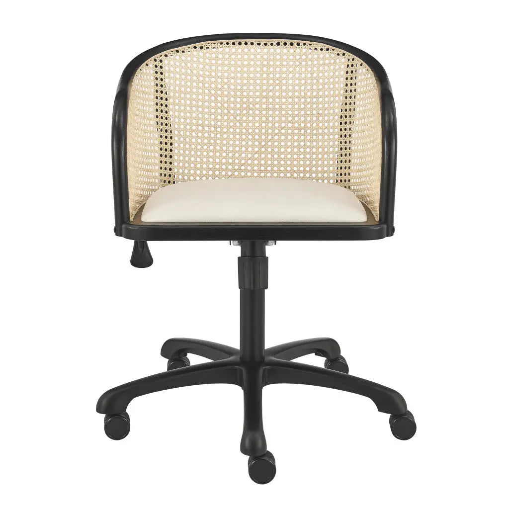 Beige and Black Solid Wood Steel And Cane Rattan Adjustable Swivel Rolling Office Chair Homeroots Office