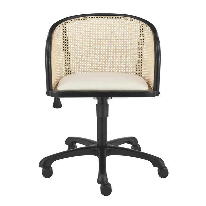 Beige and Black Solid Wood Steel And Cane Rattan Adjustable Swivel Rolling Office Chair Homeroots Office