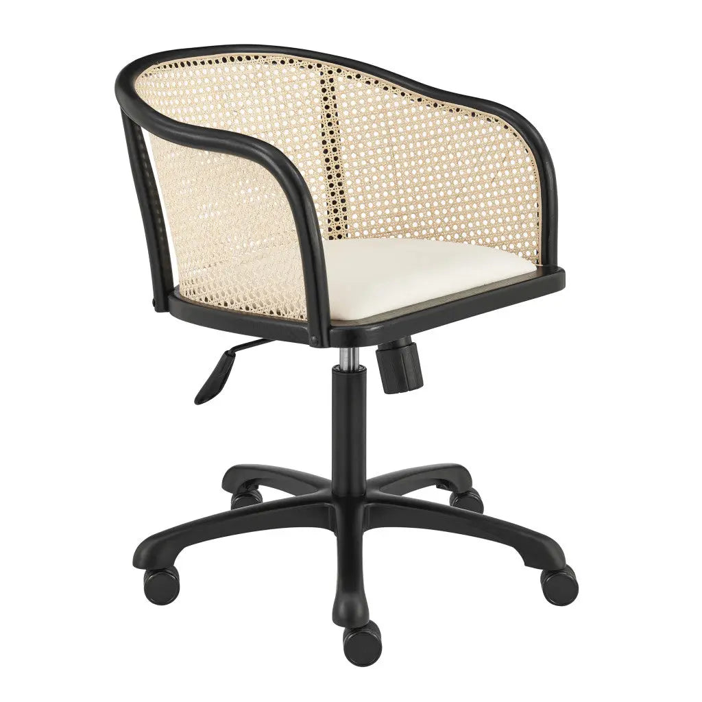 Beige and Black Solid Wood Steel And Cane Rattan Adjustable Swivel Rolling Office Chair Homeroots Office