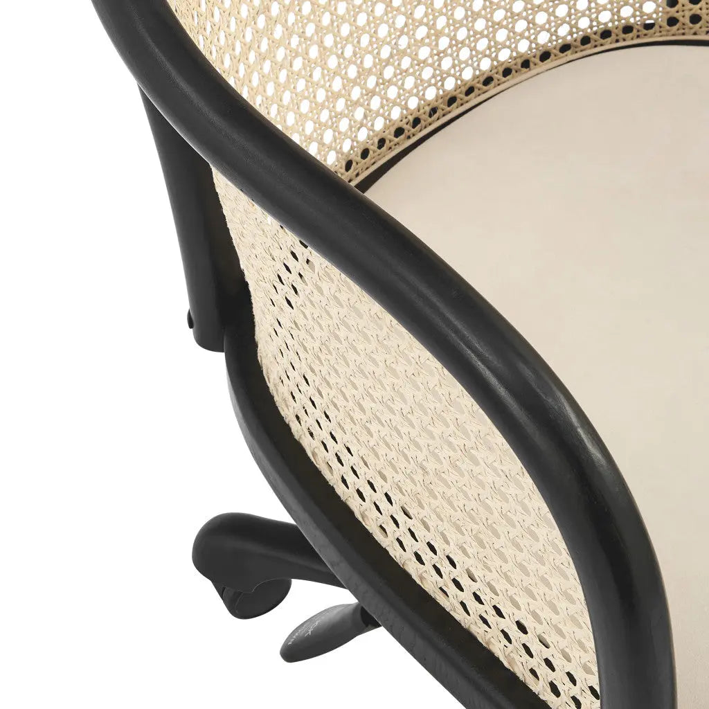 Beige and Black Solid Wood Steel And Cane Rattan Adjustable Swivel Rolling Office Chair Homeroots Office