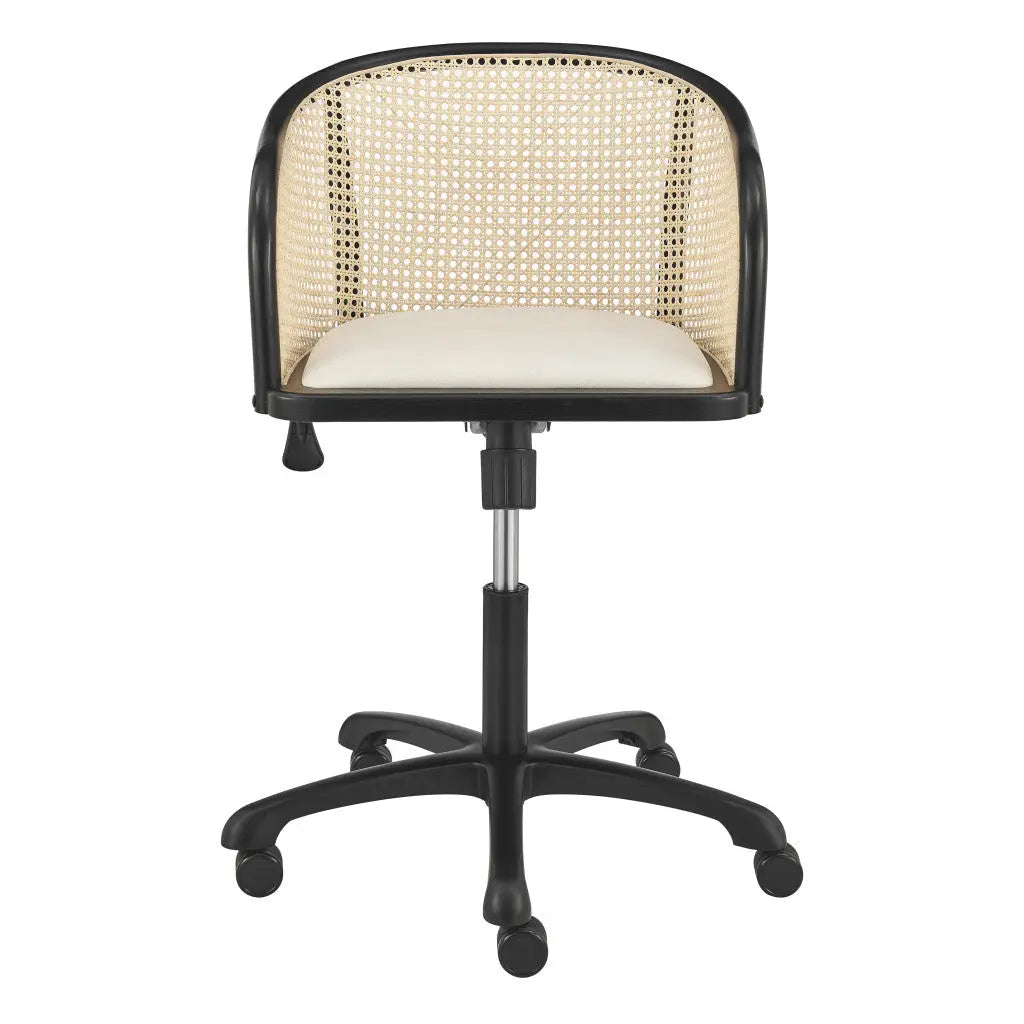 Beige and Black Solid Wood Steel And Cane Rattan Adjustable Swivel Rolling Office Chair Homeroots Office