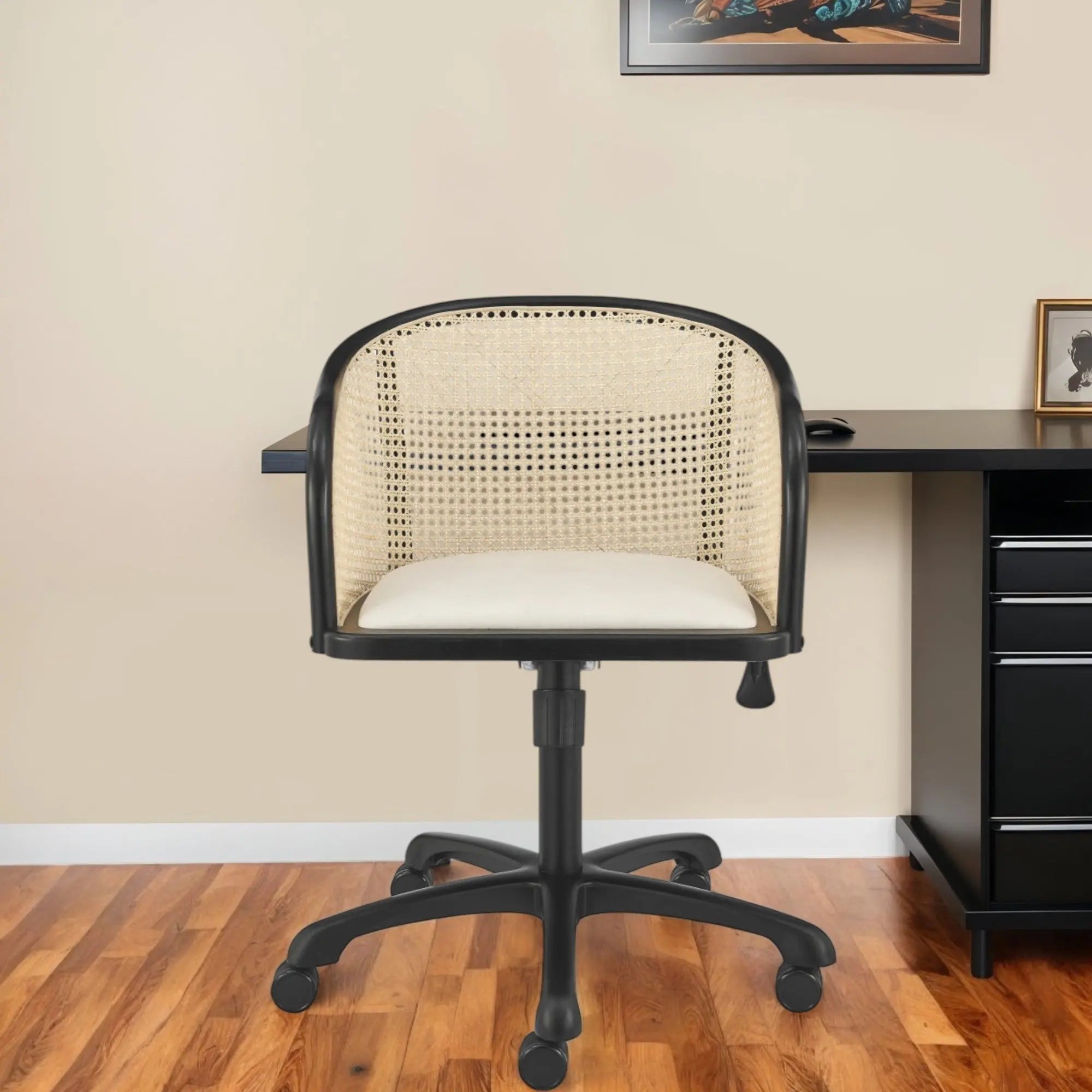 Beige and Black Solid Wood Steel And Cane Rattan Adjustable Swivel Rolling Office Chair Homeroots Office