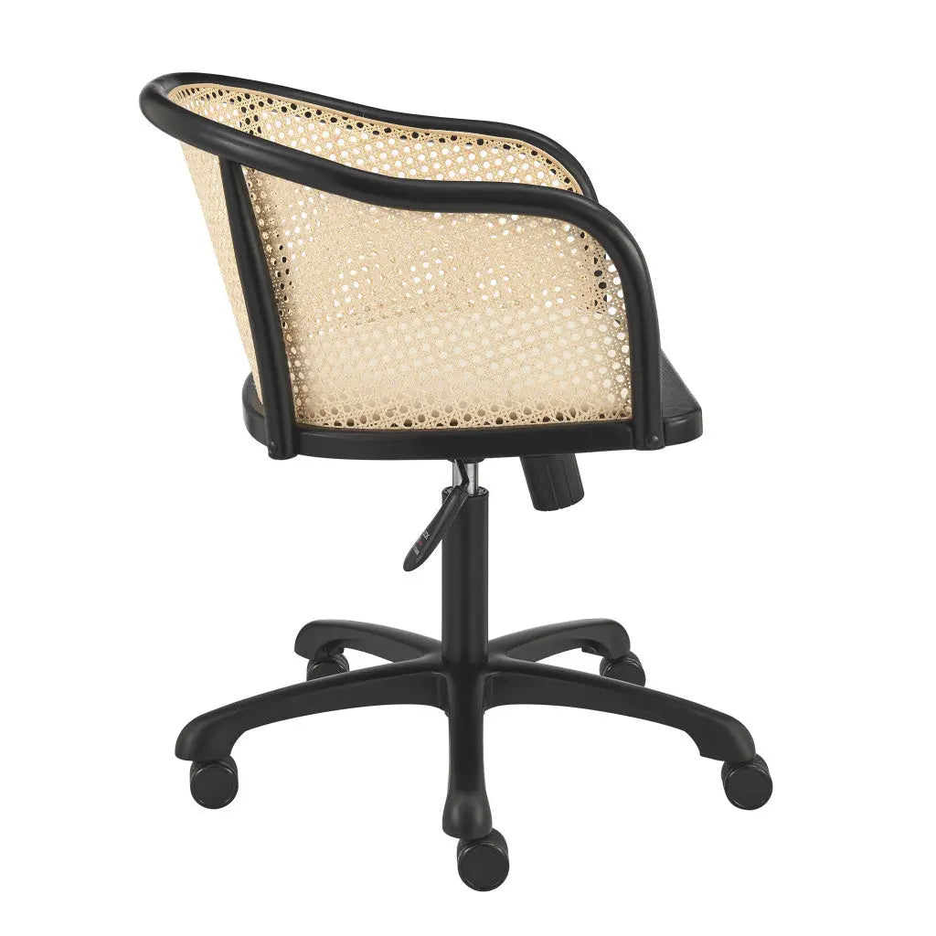 Beige and Black Solid Wood Steel And Cane Rattan Adjustable Swivel Rolling Office Chair Homeroots Office