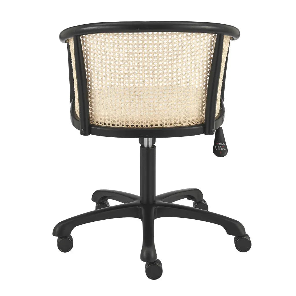 Beige and Black Solid Wood Steel And Cane Rattan Adjustable Swivel Rolling Office Chair Homeroots Office