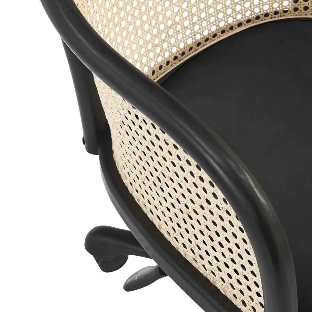 Beige and Black Solid Wood Steel And Cane Rattan Adjustable Swivel Rolling Office Chair Homeroots Office