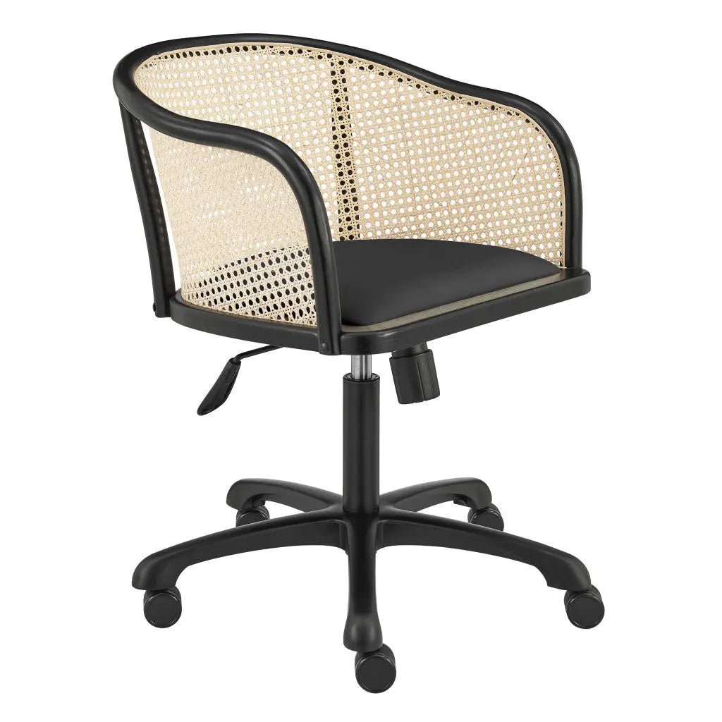 Beige and Black Solid Wood Steel And Cane Rattan Adjustable Swivel Rolling Office Chair Homeroots Office