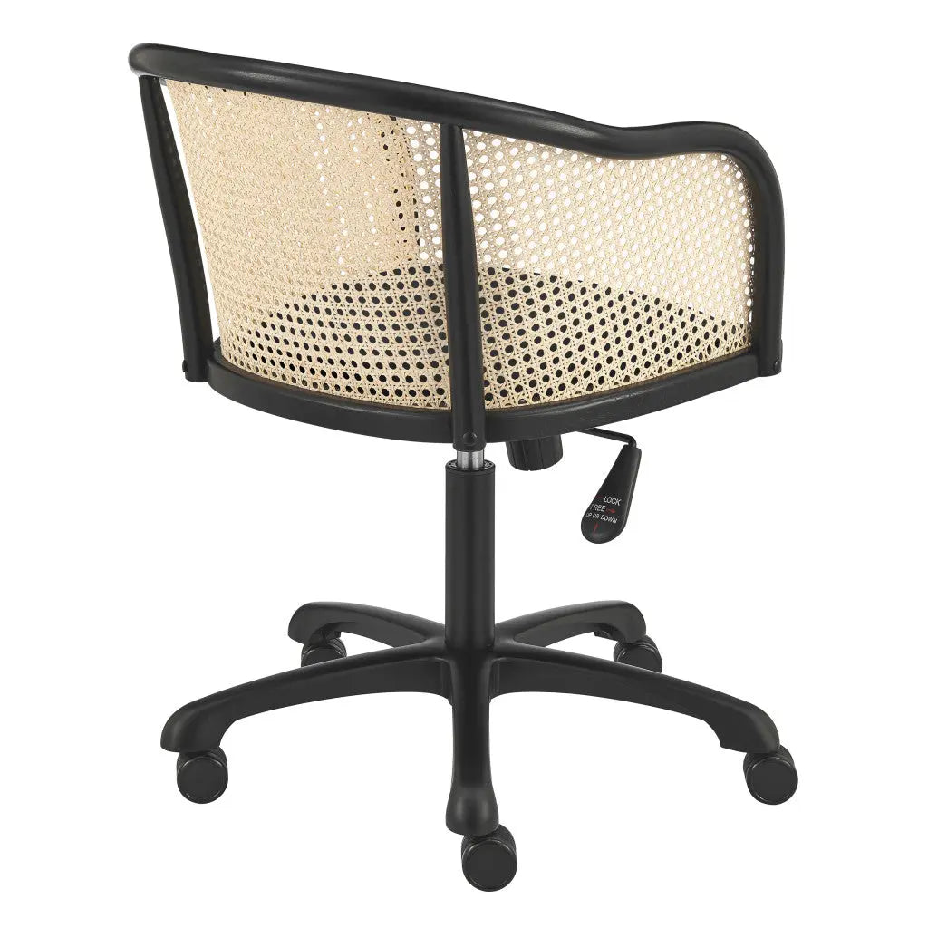 Beige and Black Solid Wood Steel And Cane Rattan Adjustable Swivel Rolling Office Chair Homeroots Office