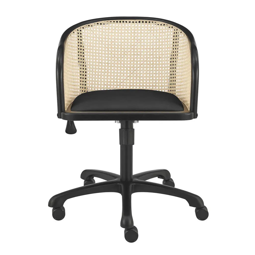 Beige and Black Solid Wood Steel And Cane Rattan Adjustable Swivel Rolling Office Chair Homeroots Office