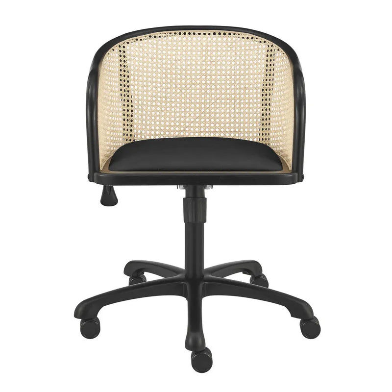 Beige and Black Solid Wood Steel And Cane Rattan Adjustable Swivel Rolling Office Chair Homeroots Office