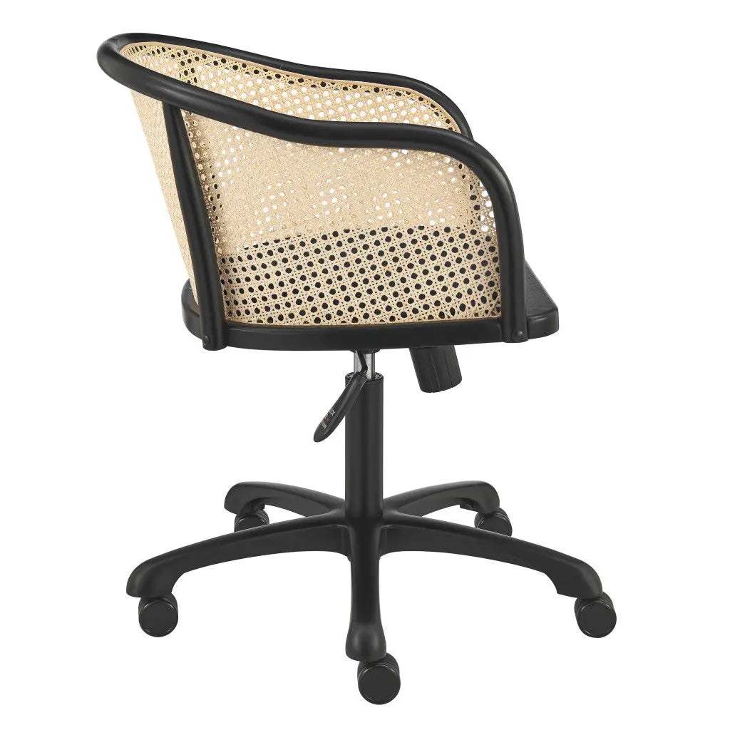 Beige and Black Solid Wood Steel And Cane Rattan Adjustable Swivel Rolling Office Chair Homeroots Office