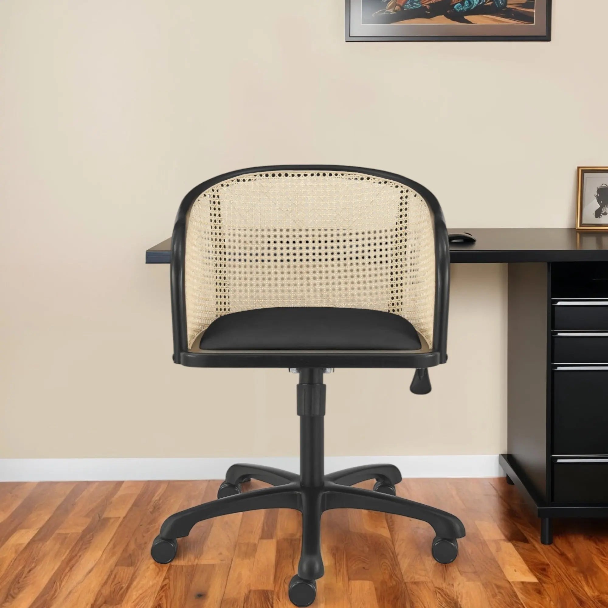 Beige and Black Solid Wood Steel And Cane Rattan Adjustable Swivel Rolling Office Chair Homeroots Office