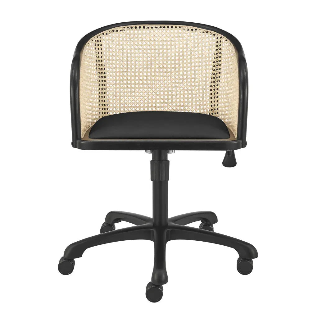 Beige and Black Solid Wood Steel And Cane Rattan Adjustable Swivel Rolling Office Chair Homeroots Office