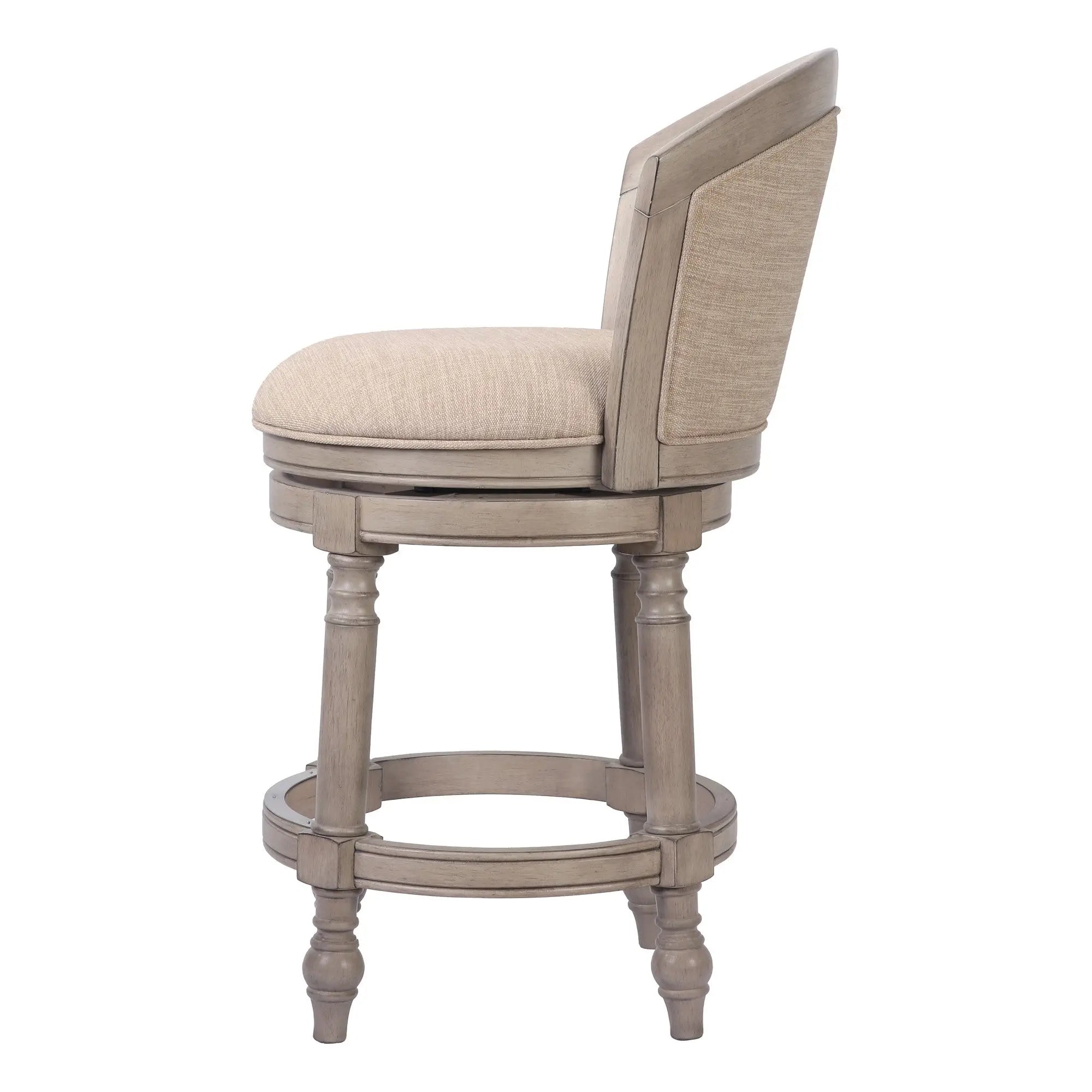 Beige and Gray Fabric Faux Leather and Solid Wood Low Back Counter Height Swivel Bar Chair Homeroots Living Room
