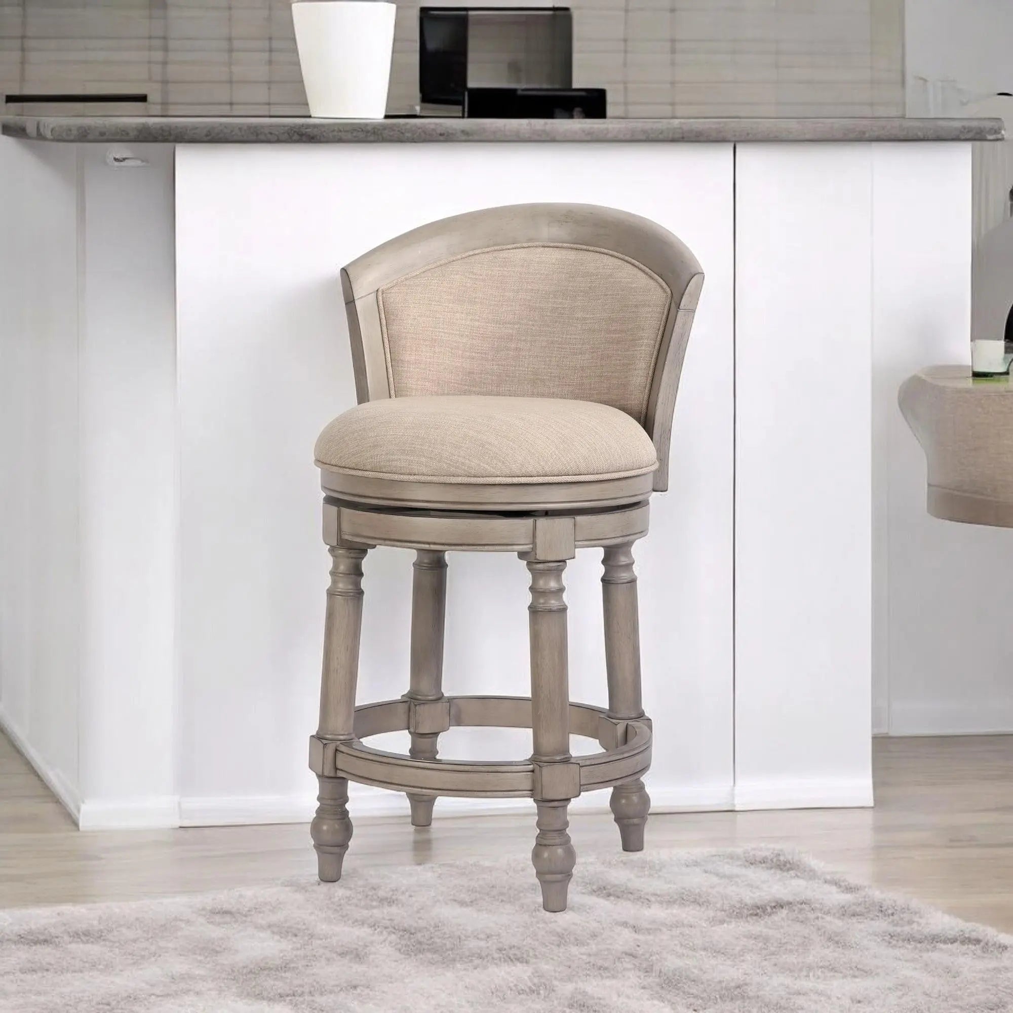 Beige and Gray Fabric Faux Leather and Solid Wood Low Back Counter Height Swivel Bar Chair Homeroots Living Room