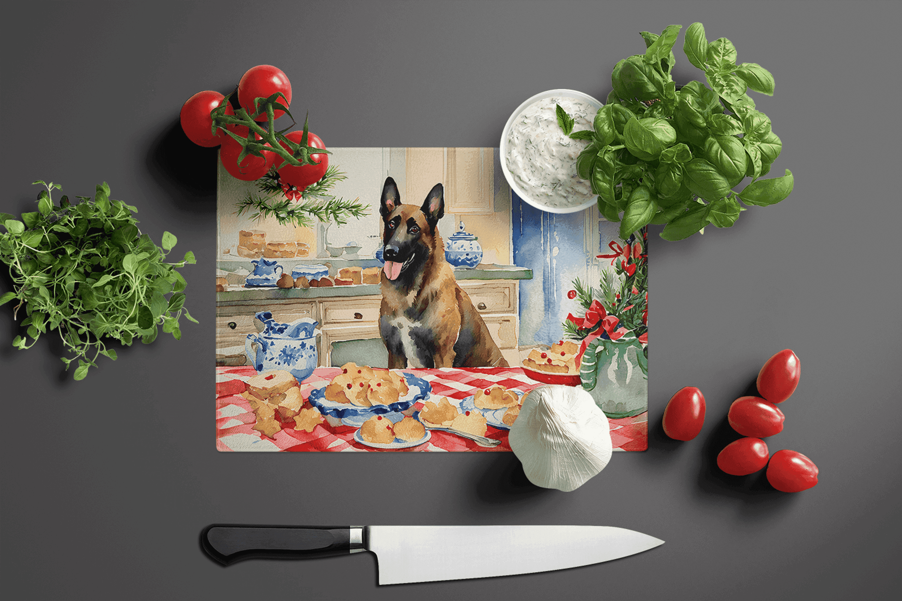 Belgian Malinois Christmas Cookies Glass Cutting Board Caroline's Treasures