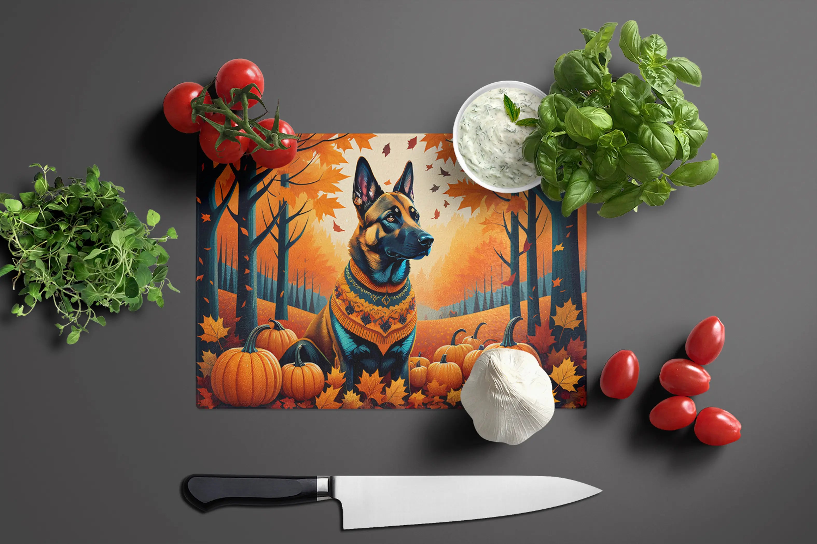 Belgian Malinois Fall Glass Cutting Board Caroline's Treasures