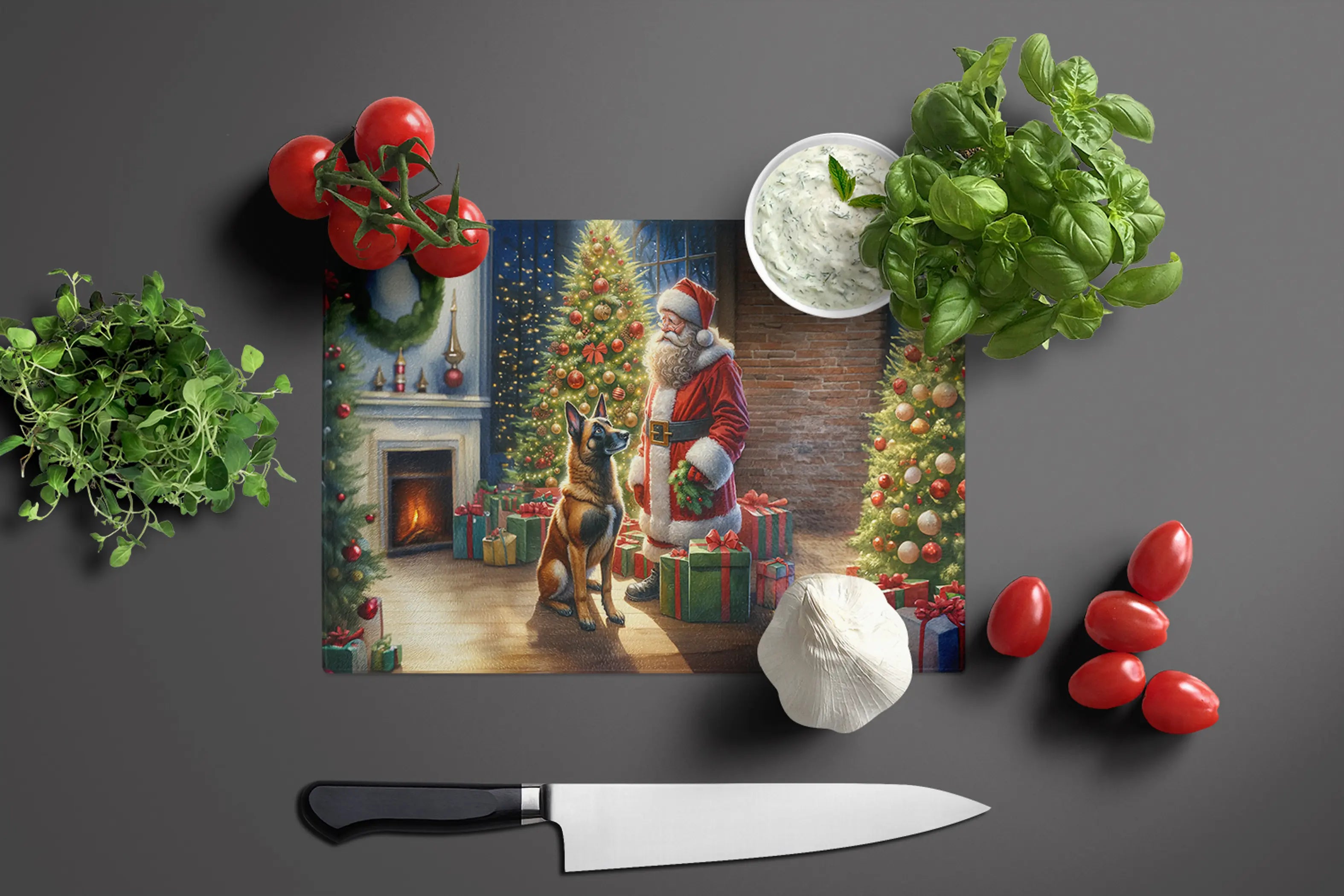 Belgian Malinois and Santa Claus Glass Cutting Board Caroline's Treasures