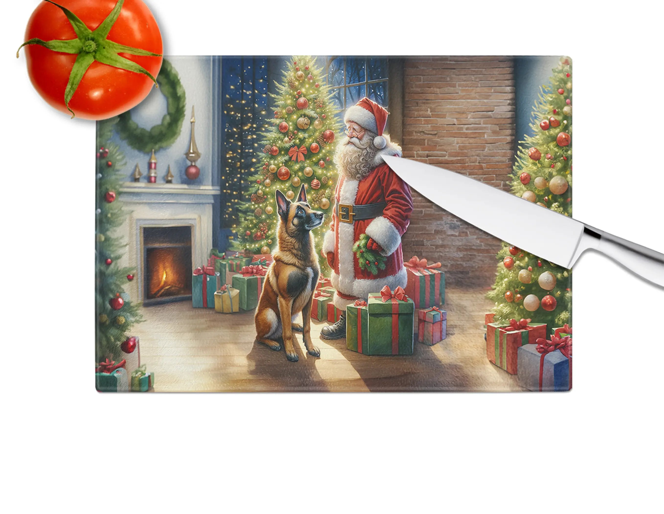 Belgian Malinois and Santa Claus Glass Cutting Board Caroline's Treasures