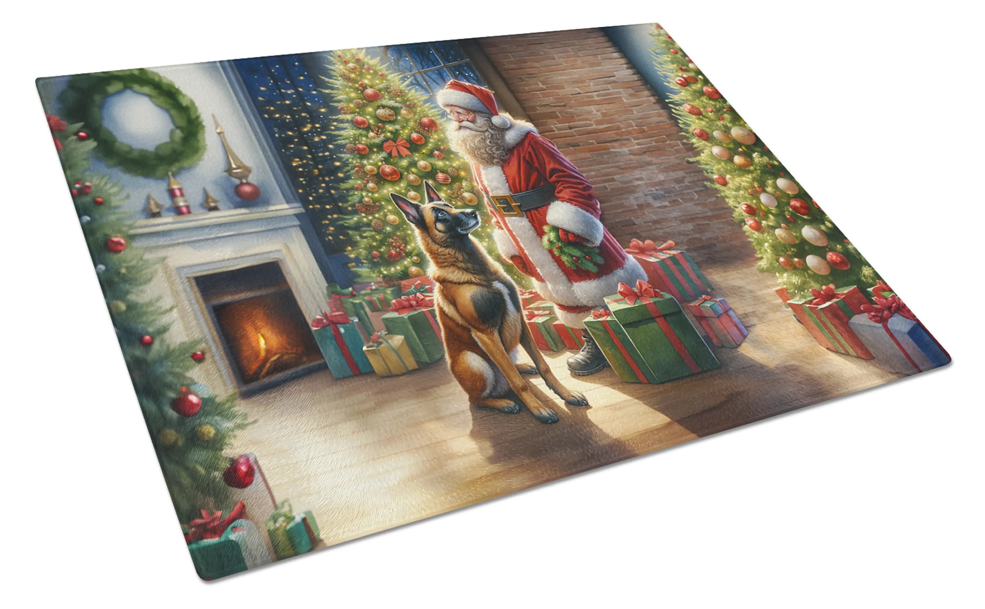 Belgian Malinois and Santa Claus Glass Cutting Board Caroline's Treasures