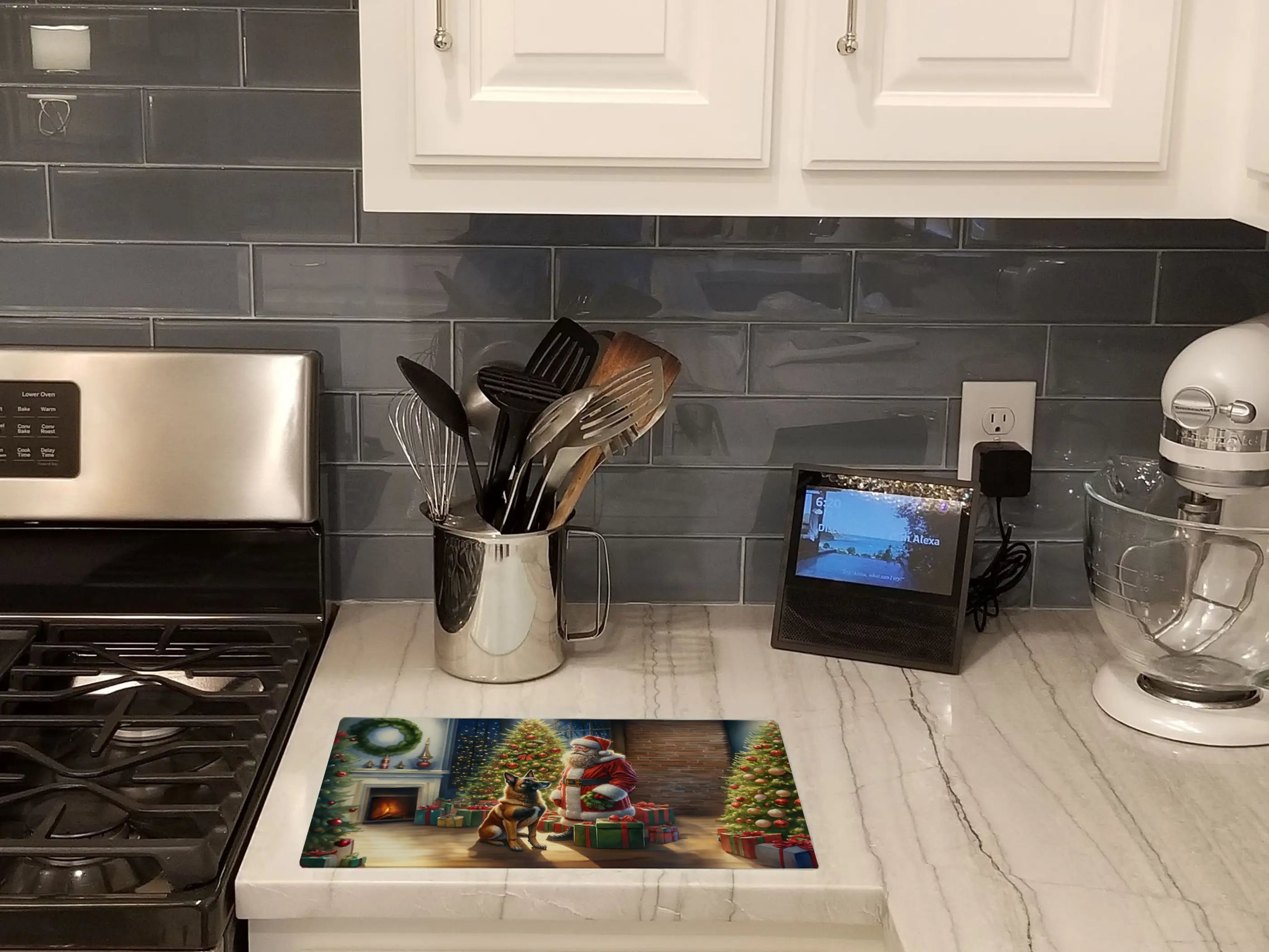 Belgian Malinois and Santa Claus Glass Cutting Board Caroline's Treasures