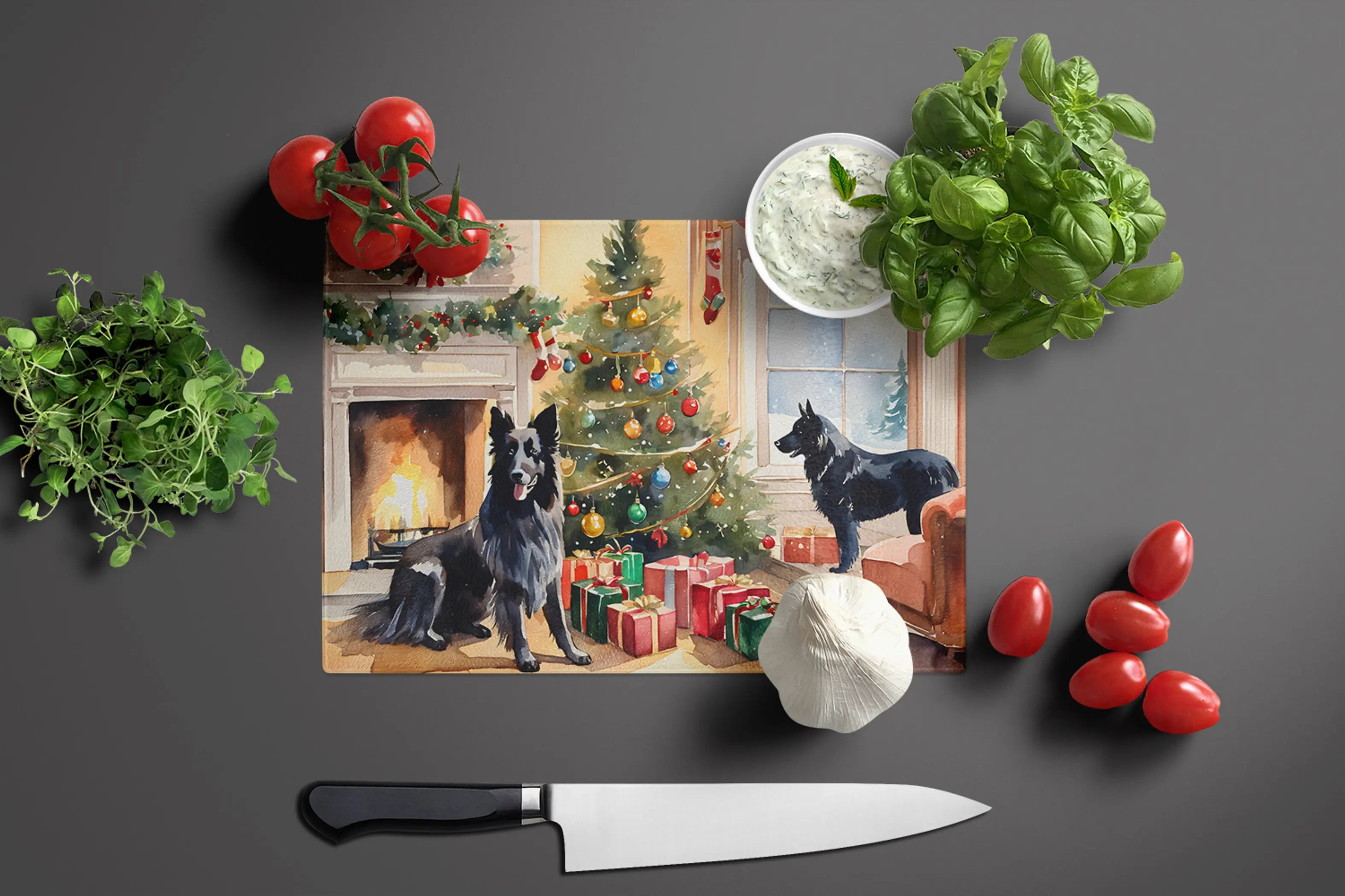 Belgian Sheepdog Cozy Christmas Glass Cutting Board Caroline's Treasures