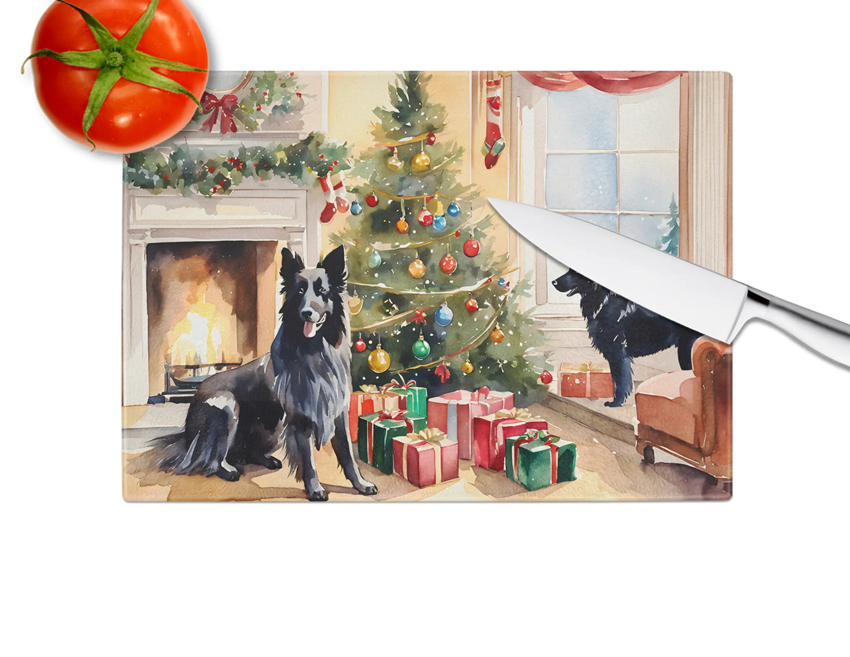 Belgian Sheepdog Cozy Christmas Glass Cutting Board Caroline's Treasures