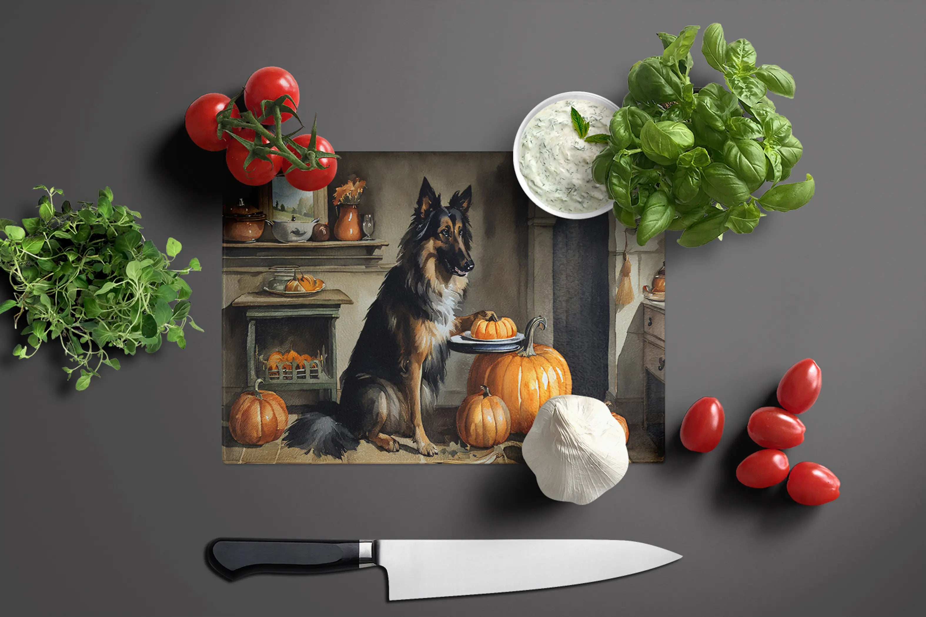 Belgian Tervuren Fall Kitchen Pumpkins Glass Cutting Board Caroline's Treasures
