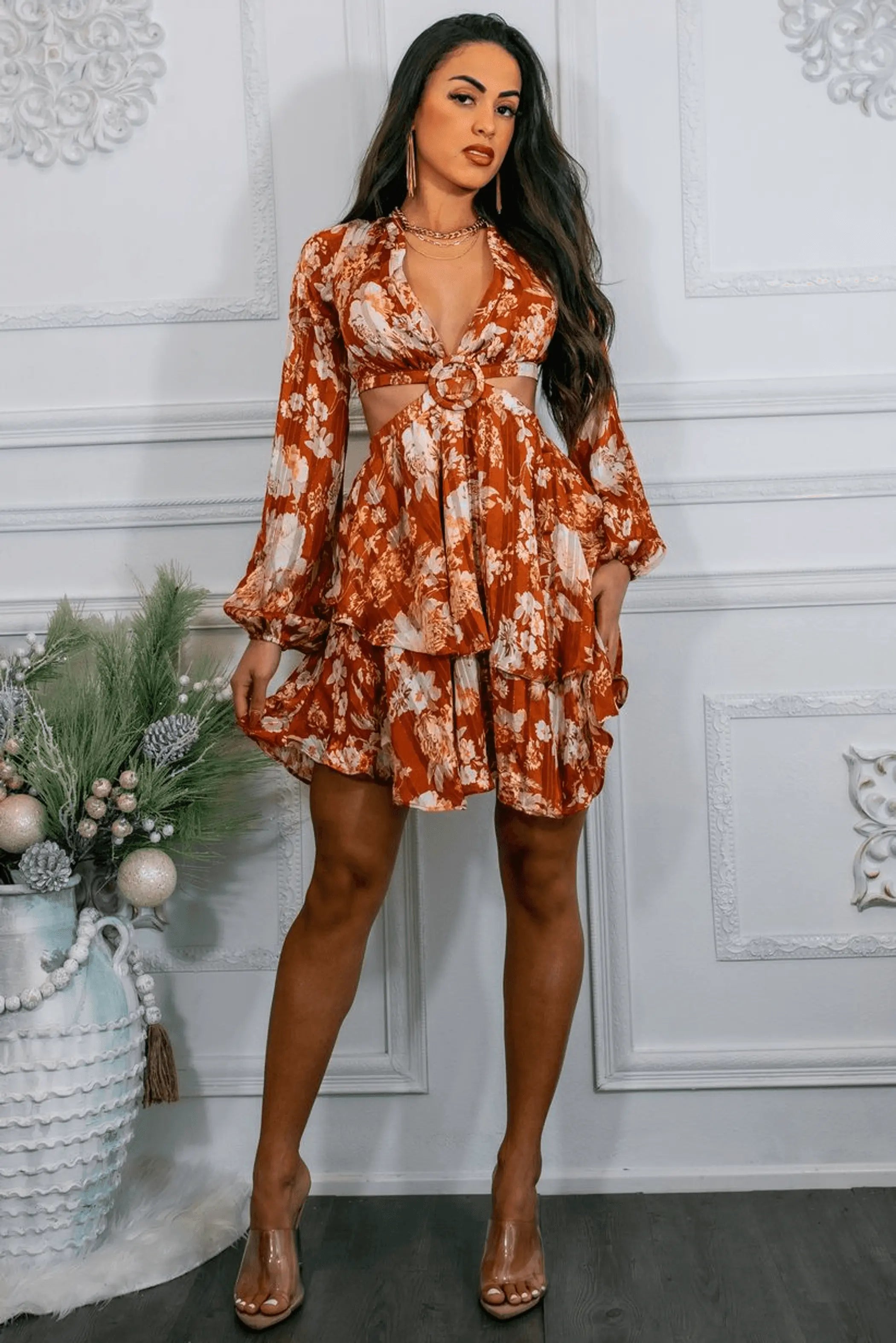 Bells Are Ringing Cut out  Long Sleeves Ruffle Mini Dress SurelyMine