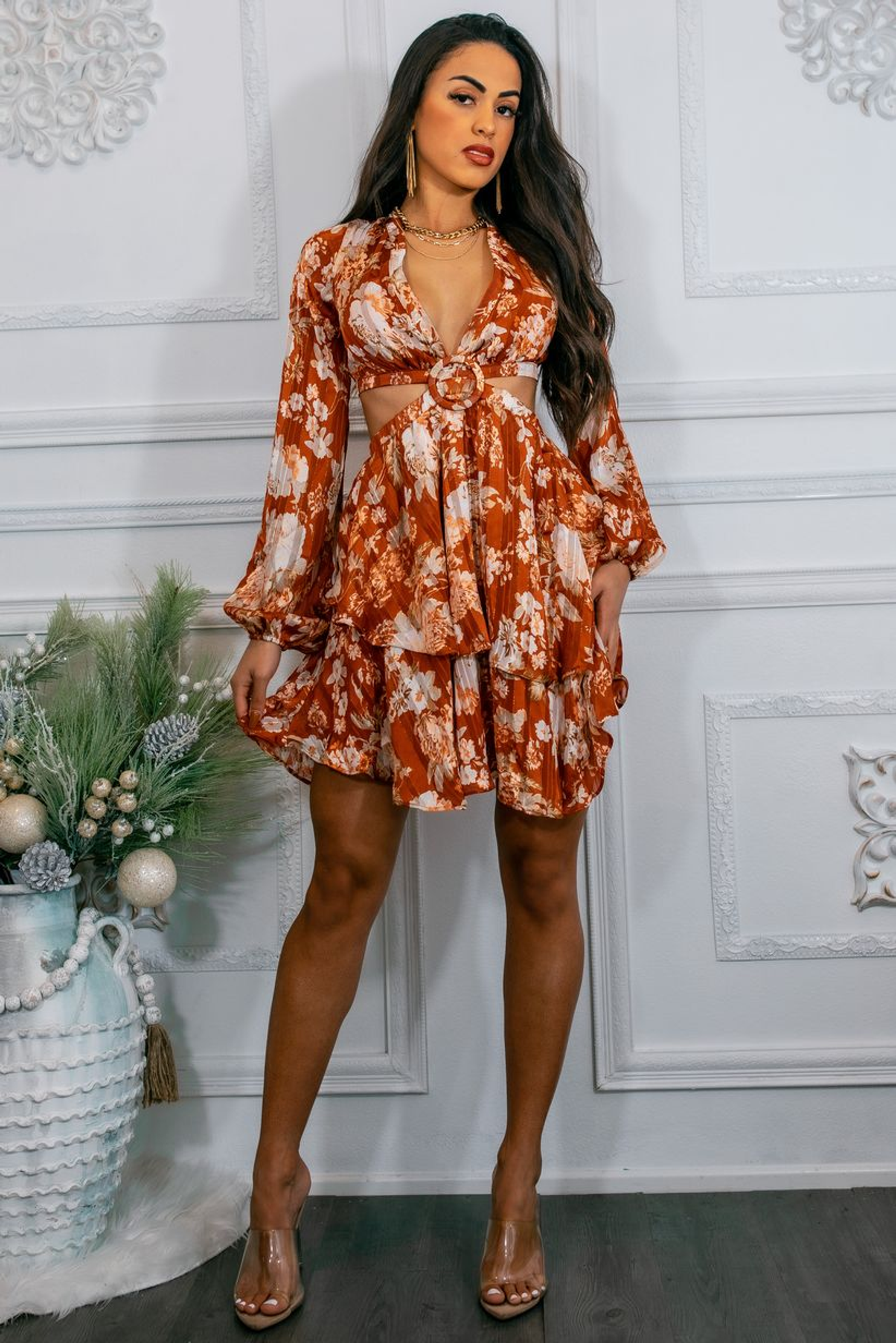 Bells Are Ringing Cut out  Long Sleeves Ruffle Mini Dress SurelyMine