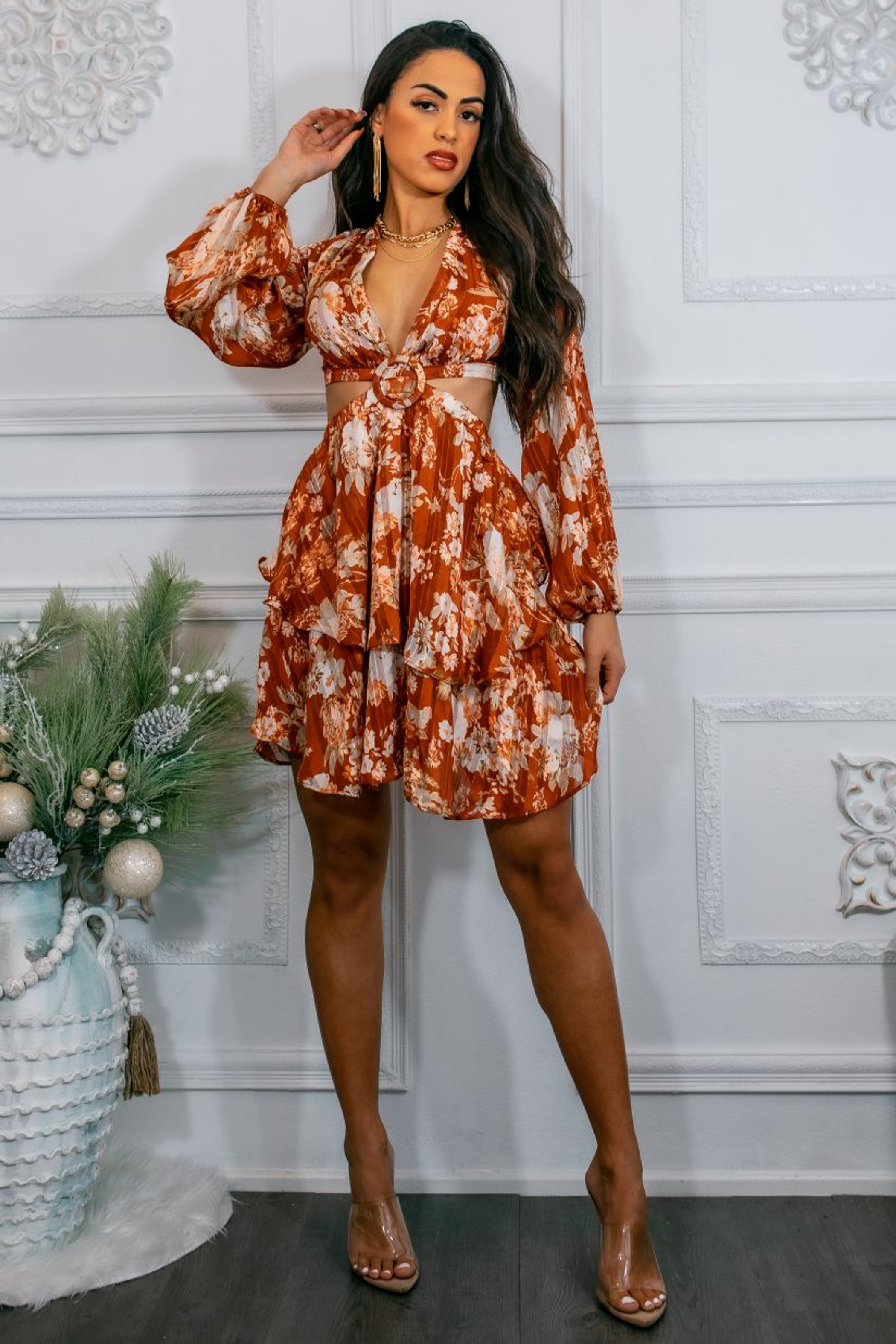 Bells Are Ringing Cut out  Long Sleeves Ruffle Mini Dress SurelyMine