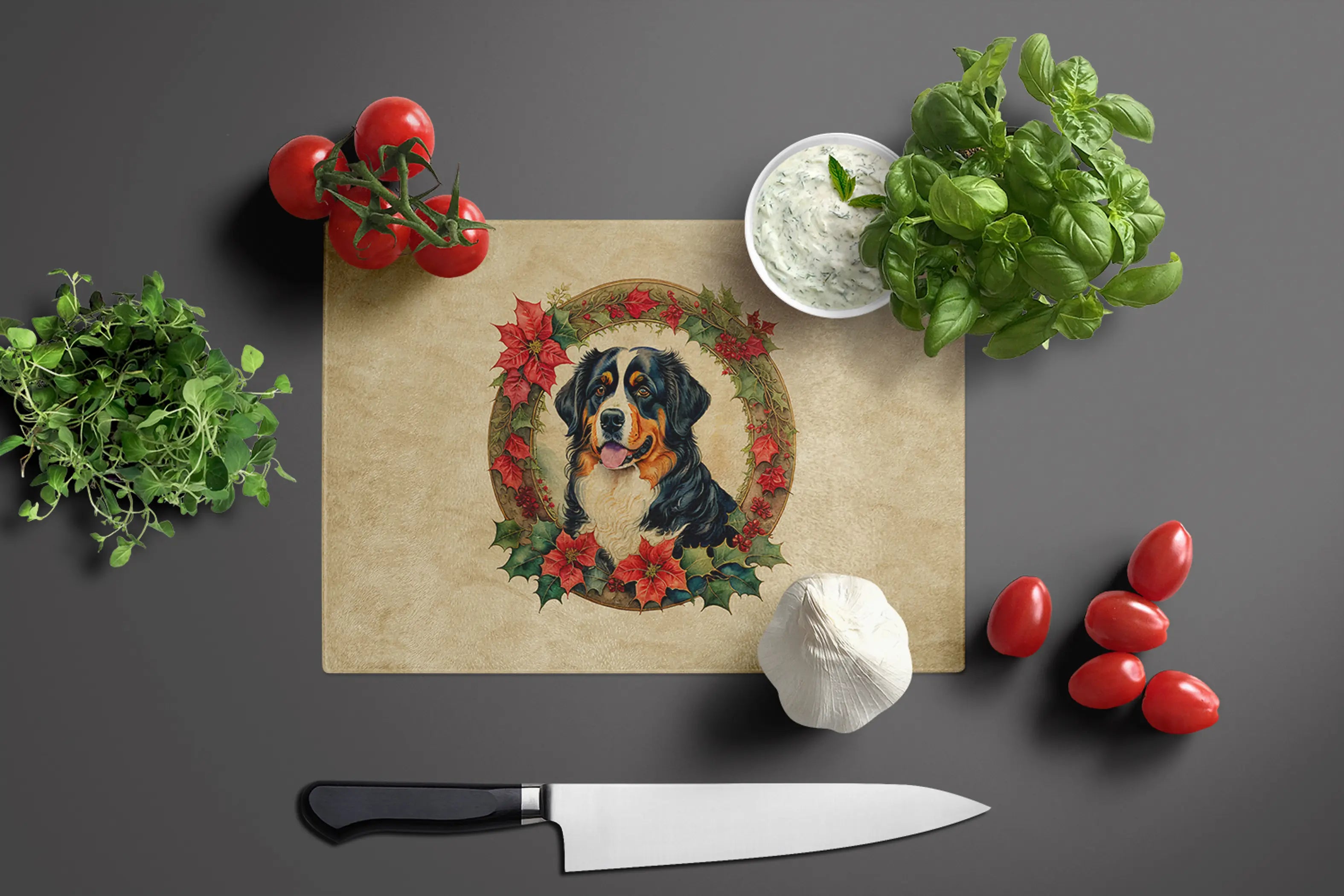 Bernese Mountain Dog Christmas Flowers Glass Cutting Board Caroline's Treasures